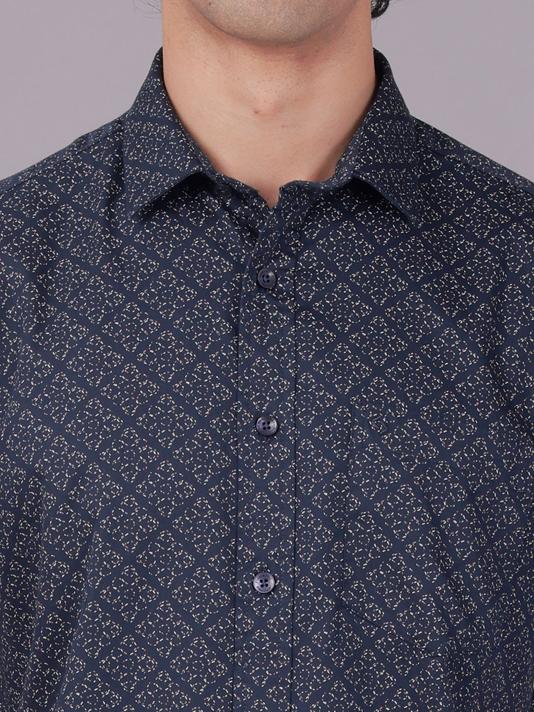 Classic Polo Men's Half Sleeve Navy Blue Polo Neck Slim Fit All-Over Print Cotton Casual Shirt | SR1-EL-10 A-HS-PRT-SF