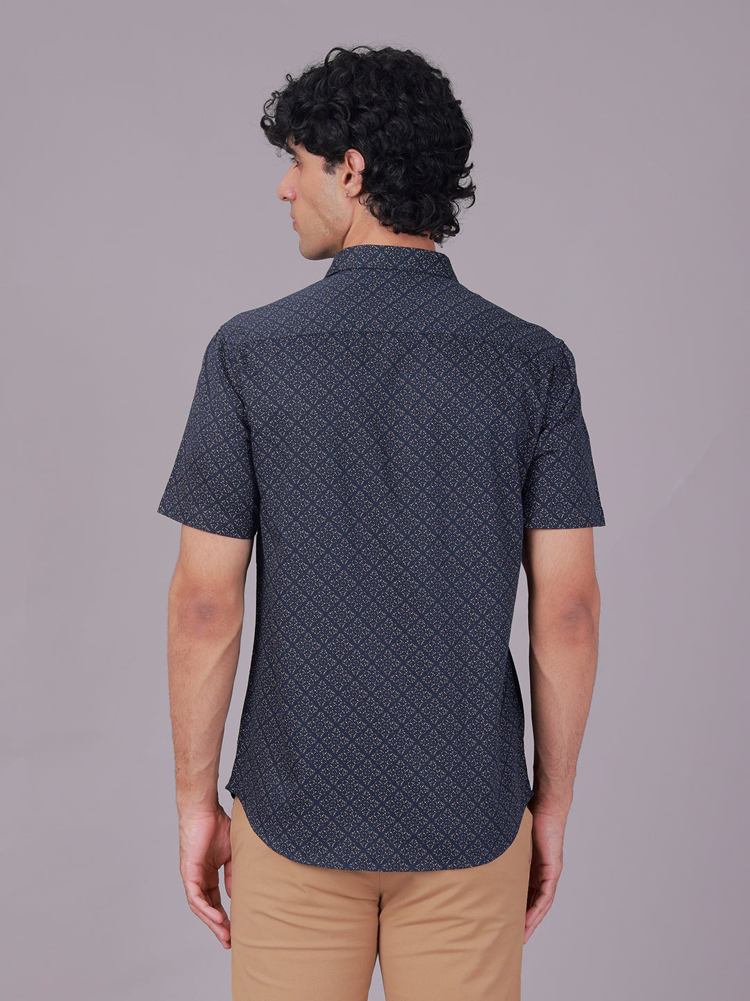 Classic Polo Men's Half Sleeve Navy Blue Polo Neck Slim Fit All-Over Print Cotton Casual Shirt | SR1-EL-10 A-HS-PRT-SF