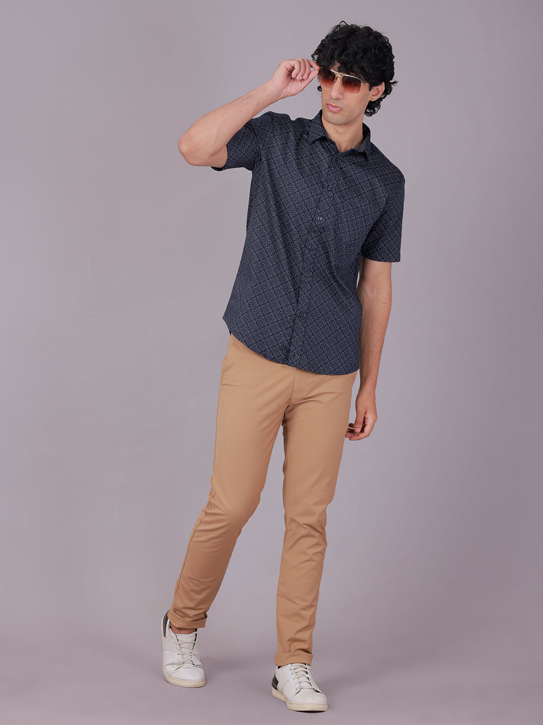 Classic Polo Men's Half Sleeve Navy Blue Polo Neck Slim Fit All-Over Print Cotton Casual Shirt | SR1-EL-10 A-HS-PRT-SF