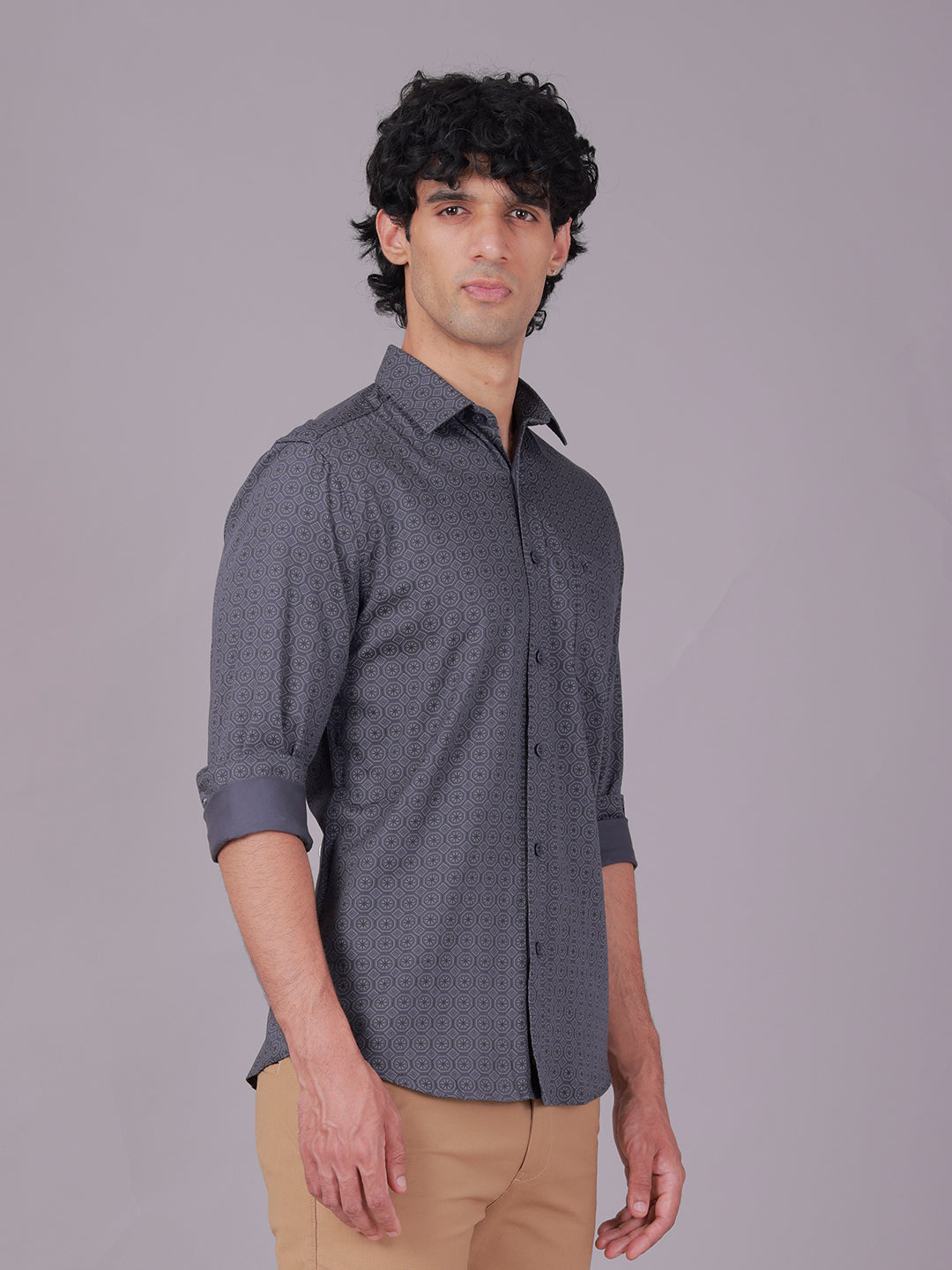Classic Polo Men's Full Sleeve Dark Grey Polo Neck Slim Fit All-Over Print Cotton Casual Shirt | LSHR1-EL-11 A-FS-PRT-SF