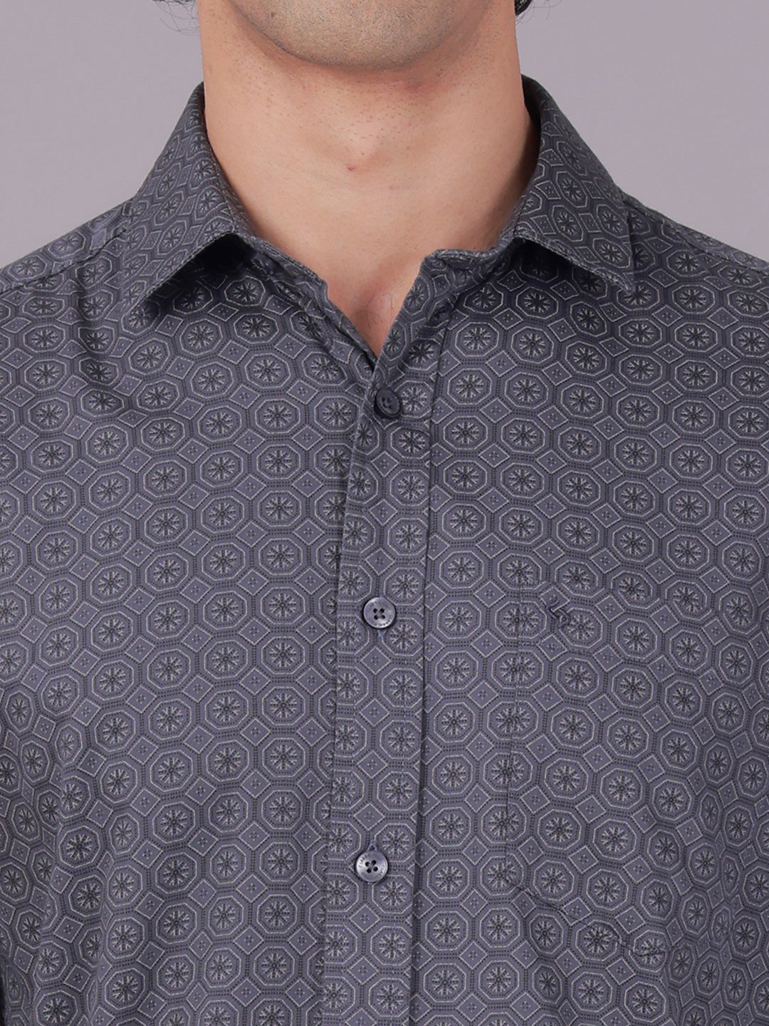 Classic Polo Men's Full Sleeve Dark Grey Polo Neck Slim Fit All-Over Print Cotton Casual Shirt | LSHR1-EL-11 A-FS-PRT-SF