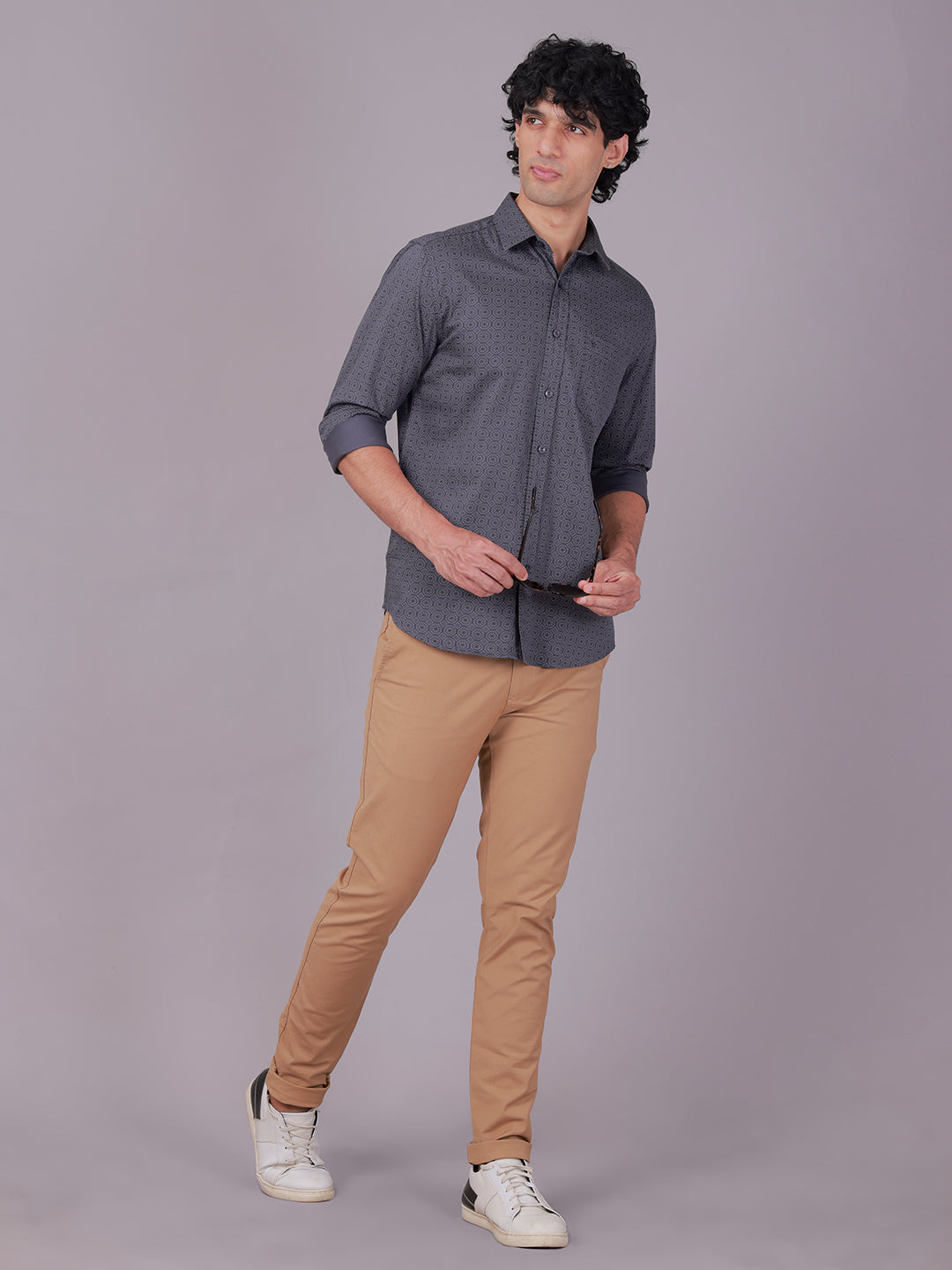 Classic Polo Men's Full Sleeve Dark Grey Polo Neck Slim Fit All-Over Print Cotton Casual Shirt | LSHR1-EL-11 A-FS-PRT-SF