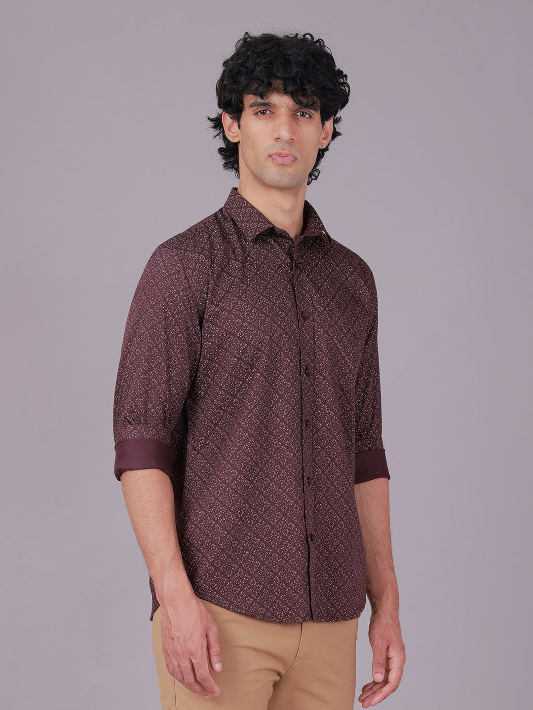 Classic Polo Men's Full Sleeve Burgundy Polo Neck Slim Fit All-Over Print Cotton Casual Shirt | SR1-EL-10 B-FS-PRT-SF