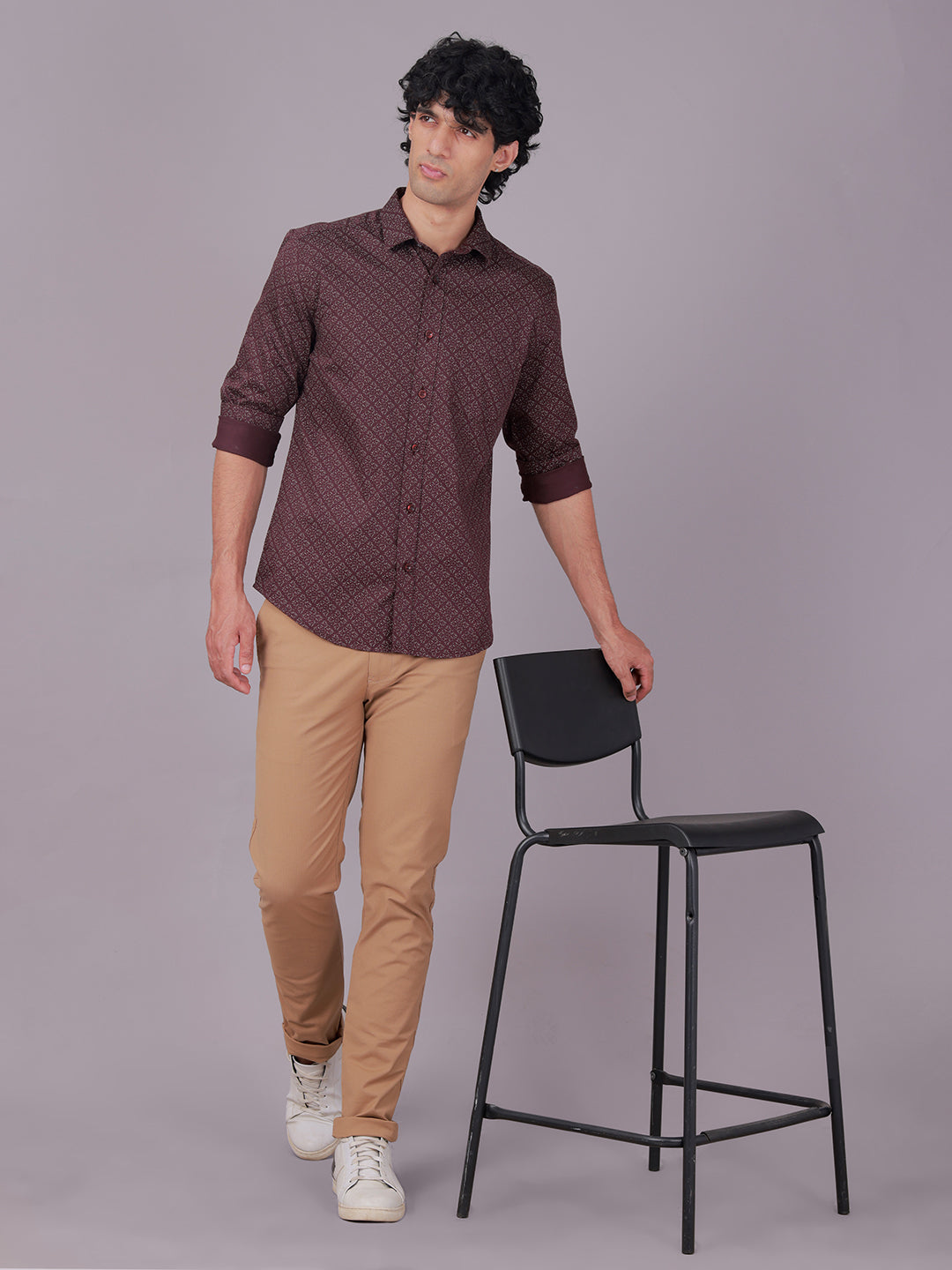 Classic Polo Men's Full Sleeve Burgundy Polo Neck Slim Fit All-Over Print Cotton Casual Shirt | SR1-EL-10 B-FS-PRT-SF