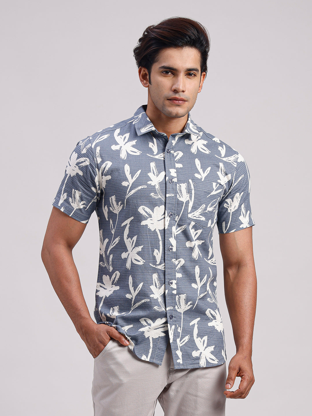 Classic Polo Men's Half Sleeve Steel Blue/White Polo Neck Slim Fit All-Over Print Cotton Casual Shirt | LSHR1-GN-08 A-HS-PRT-SF