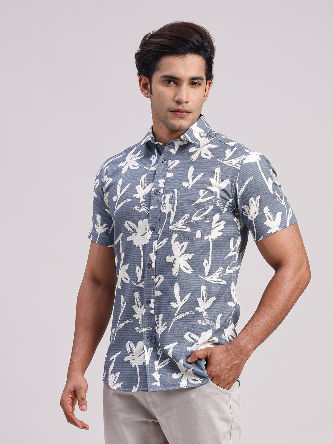 Classic Polo Men's Half Sleeve Steel Blue/White Polo Neck Slim Fit All-Over Print Cotton Casual Shirt | LSHR1-GN-08 A-HS-PRT-SF