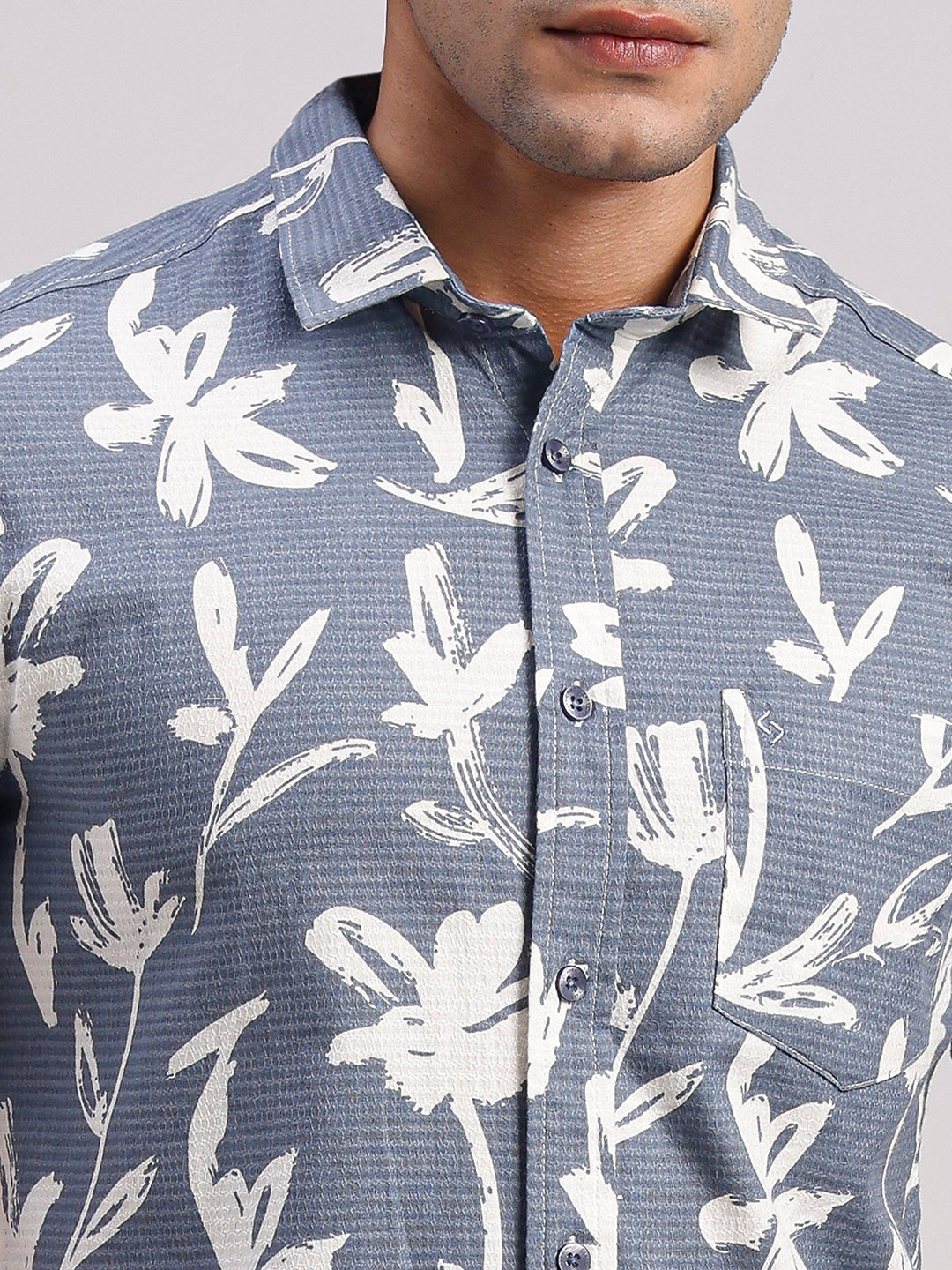 Classic Polo Men's Half Sleeve Steel Blue/White Polo Neck Slim Fit All-Over Print Cotton Casual Shirt | LSHR1-GN-08 A-HS-PRT-SF