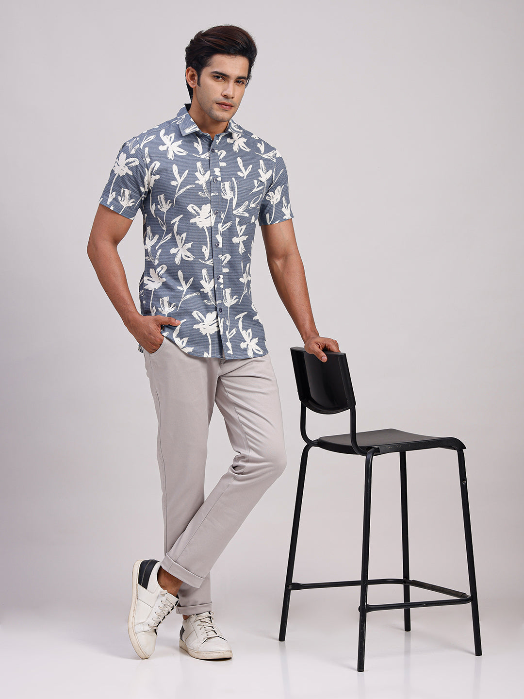 Classic Polo Men's Half Sleeve Steel Blue/White Polo Neck Slim Fit All-Over Print Cotton Casual Shirt | LSHR1-GN-08 A-HS-PRT-SF