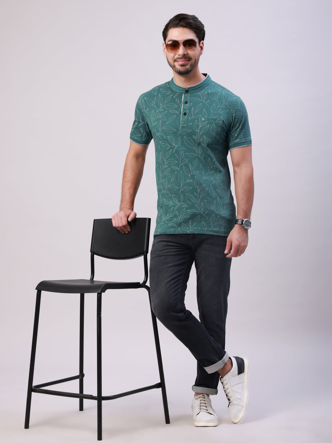 Classic Polo Men's Dark Green Round Neck Aop Cotton Slim Fit T-Shirt | BELLO - 367 B SF P
