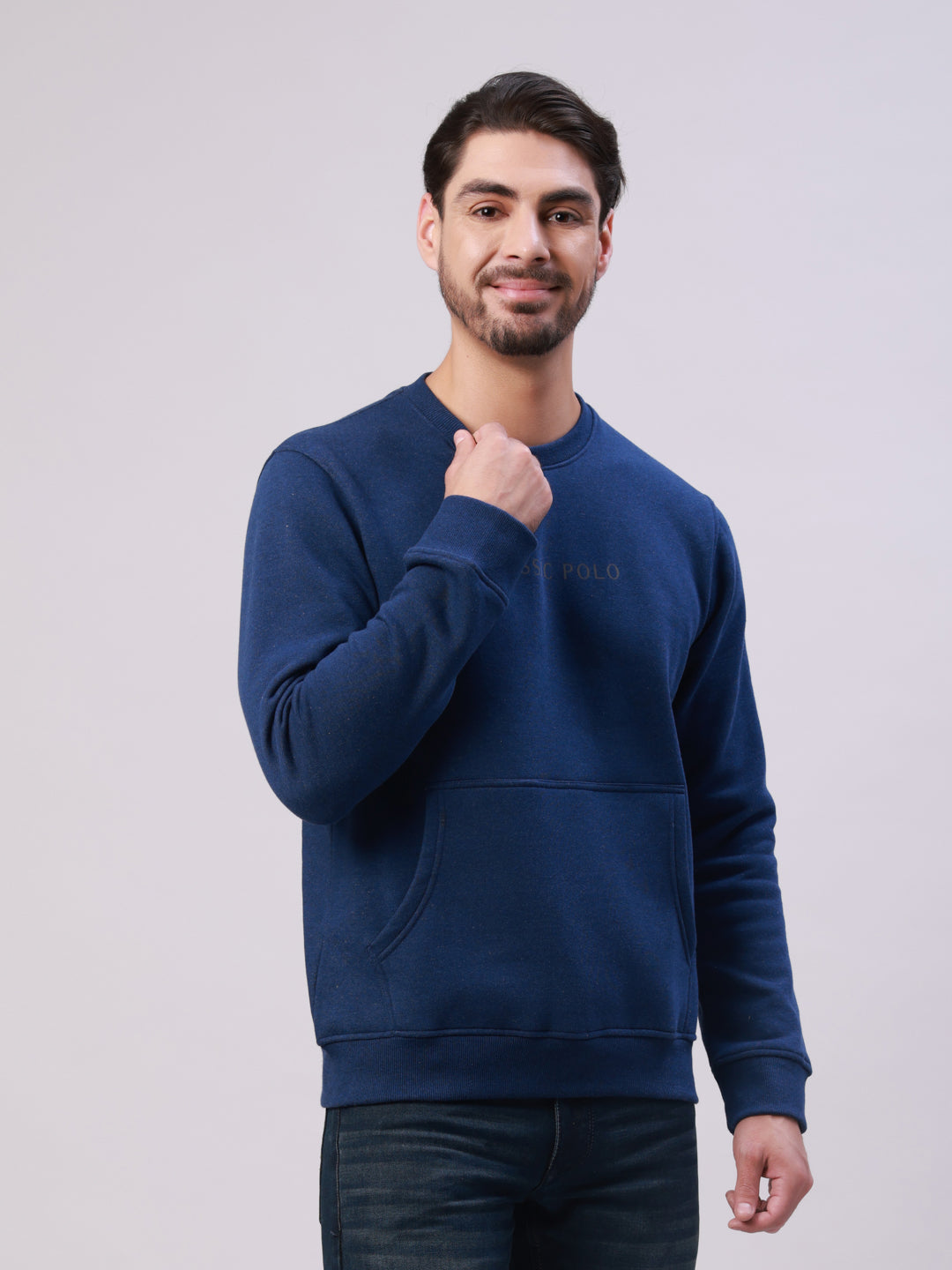 Classic Polo Men's Navy Blue Crew Neck Pull Over Solid Kangaroo Pocket Sweatshirt | CPSS - 512 B