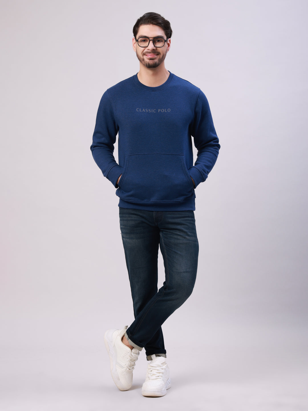 Classic Polo Men's Navy Blue Crew Neck Pull Over Solid Kangaroo Pocket Sweatshirt | CPSS - 512 B