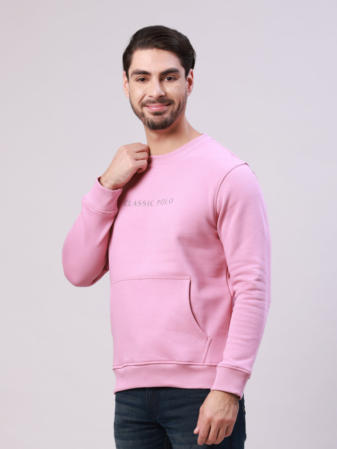 Classic Polo Men's Pink Crew Neck Pull Over Solid Kangaroo Pocket Sweatshirt | CPSS - 514 B
