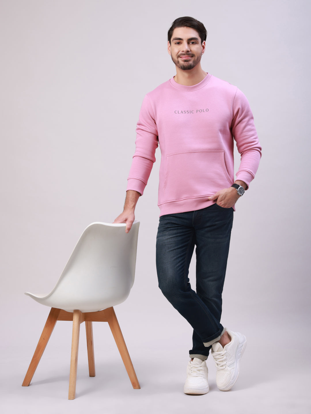 Classic Polo Men's Pink Crew Neck Pull Over Solid Kangaroo Pocket Sweatshirt | CPSS - 514 B