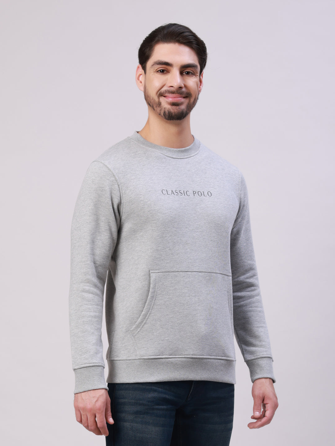 Classic Polo Men's Grey Crew Neck Pull Over Solid Kangaroo Pocket Sweatshirt | CPSS - 511 A
