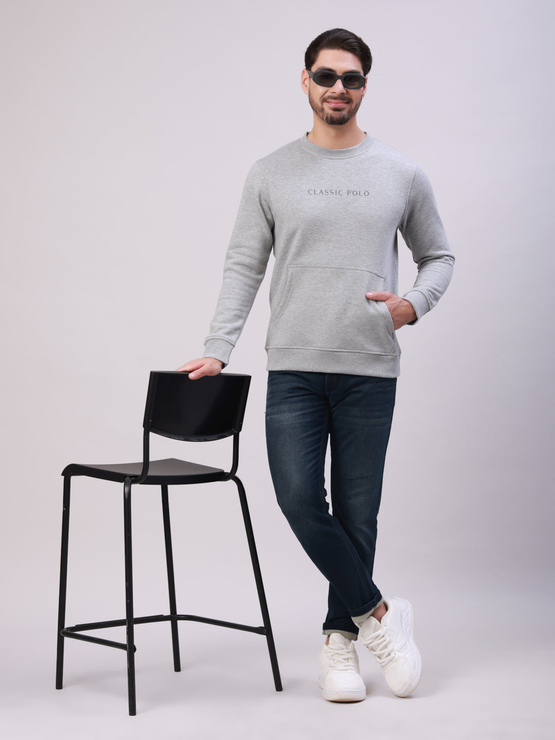 Classic Polo Men's Grey Crew Neck Pull Over Solid Kangaroo Pocket Sweatshirt | CPSS - 511 A