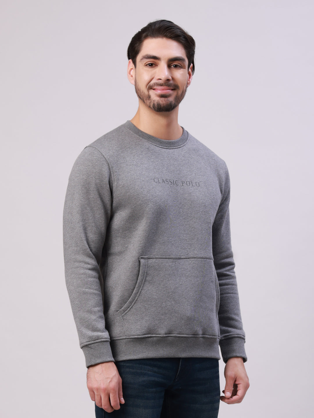 Classic Polo Men's Dark Grey Crew Neck Pull Over Solid Kangaroo Pocket Sweatshirt | CPSS - 512 A