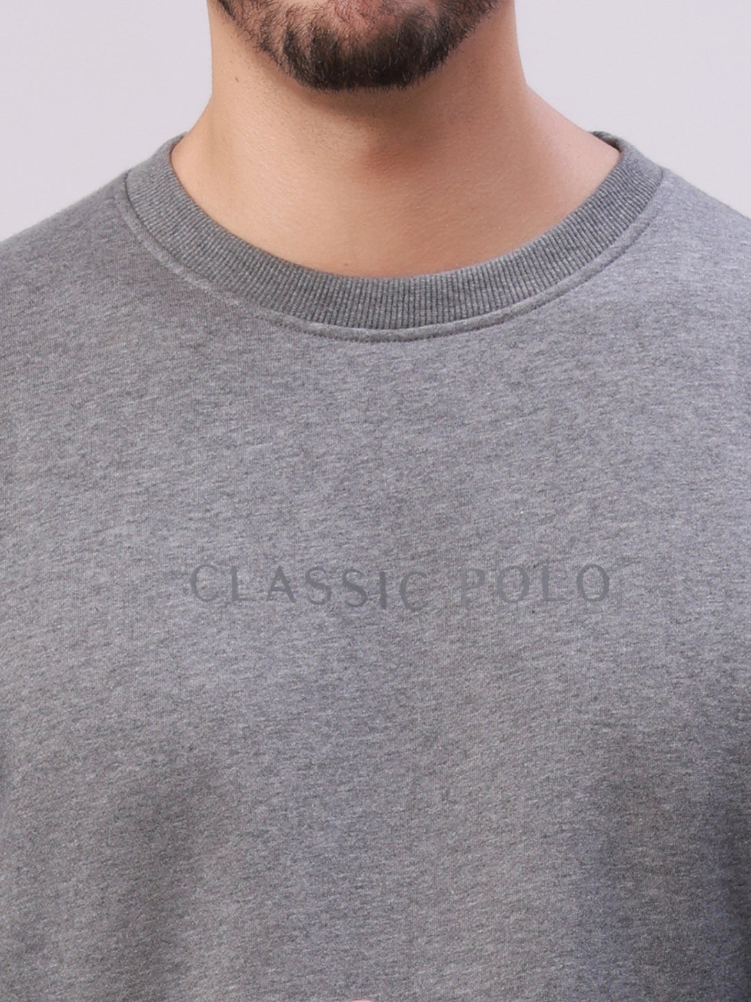 Classic Polo Men's Dark Grey Crew Neck Pull Over Solid Kangaroo Pocket Sweatshirt | CPSS - 512 A