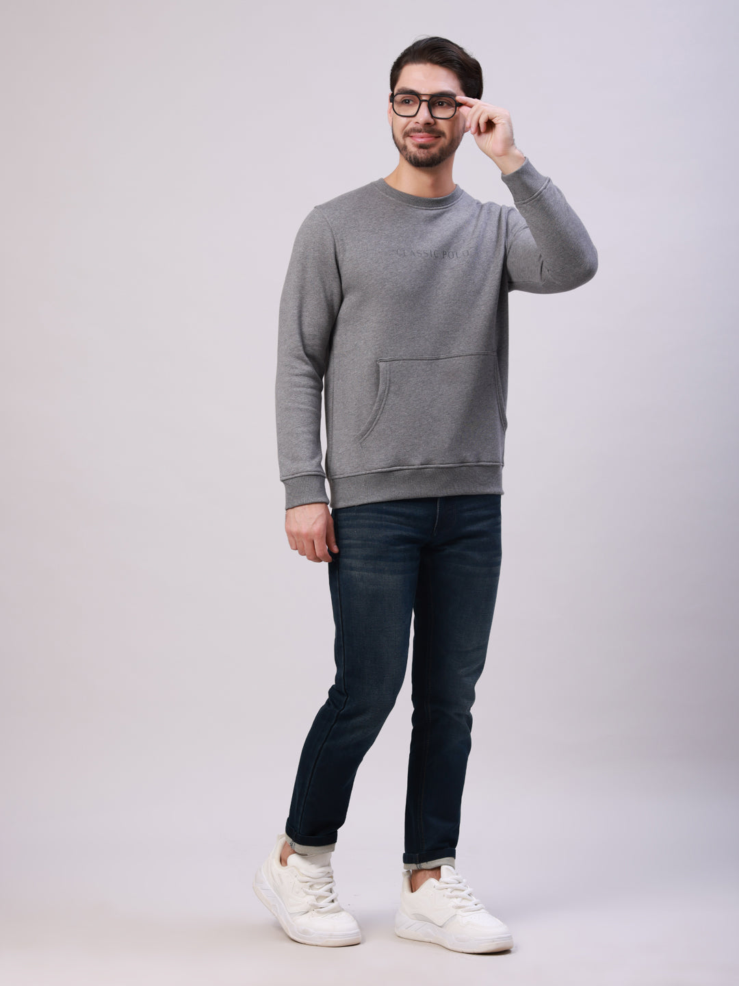 Classic Polo Men's Dark Grey Crew Neck Pull Over Solid Kangaroo Pocket Sweatshirt | CPSS - 512 A