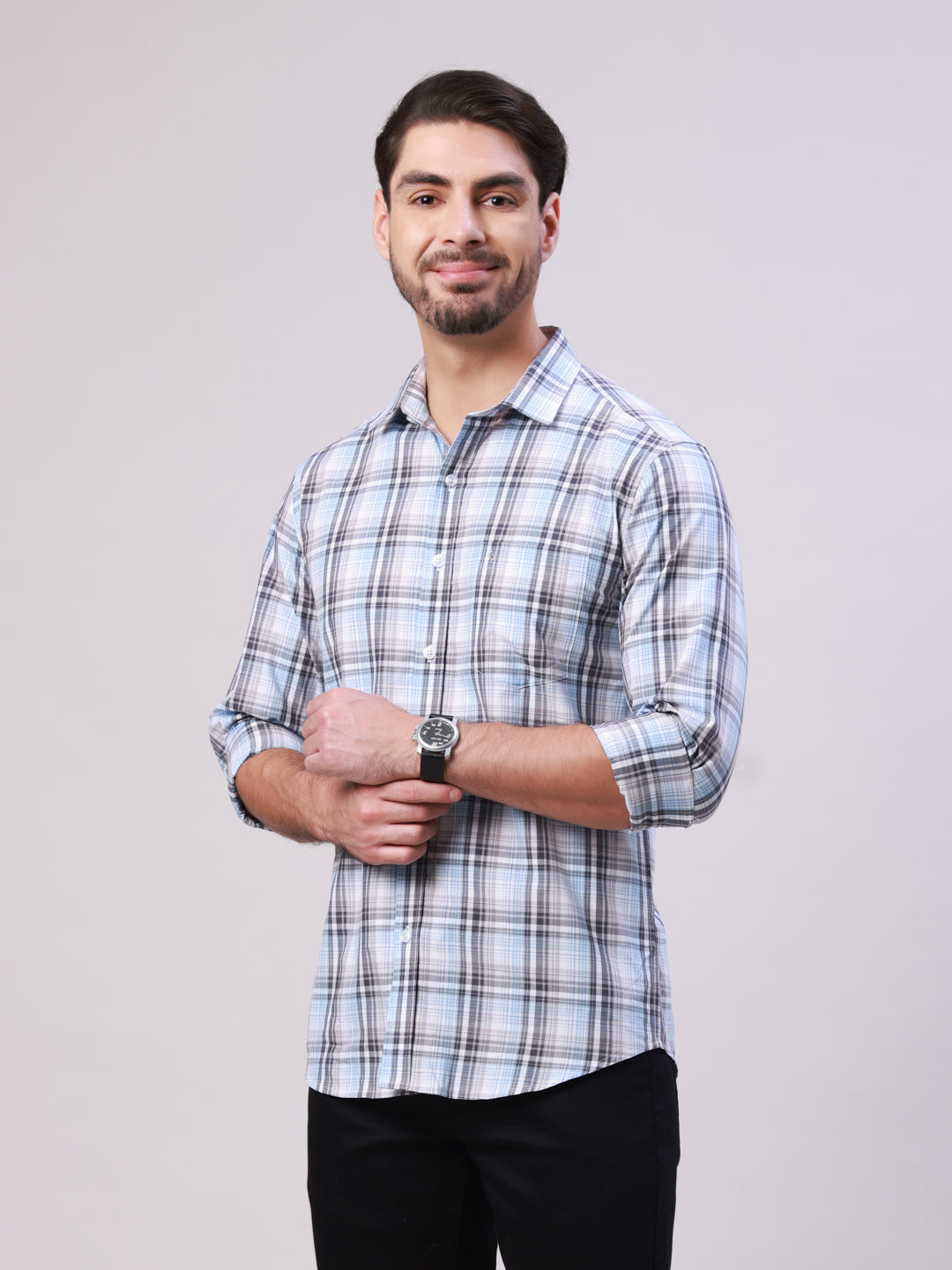 Classic Polo Men's Multicolor Polo Neck Checked Cotton Slim Fit Woven Shirt | SQ2-EL-14 B-FS-CHK-SF