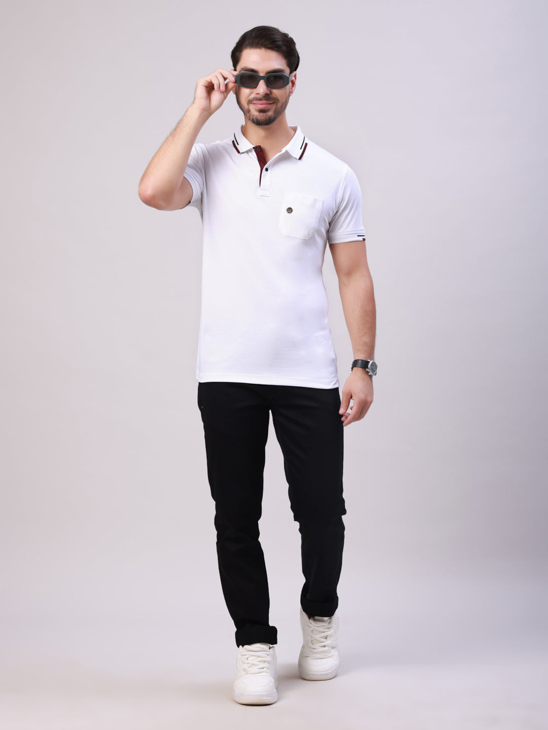 Classic Polo Men's White Polo Neck Solid Cotton Slim Fit T-Shirt | ELITE-POLO-47 A SF P