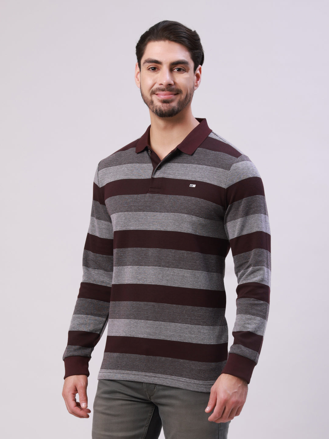 Classic Polo Men's Burgundy/Grey Polo Neck Striped Cotton Slim Fit T-Shirt | VERNO - 361 A SF P