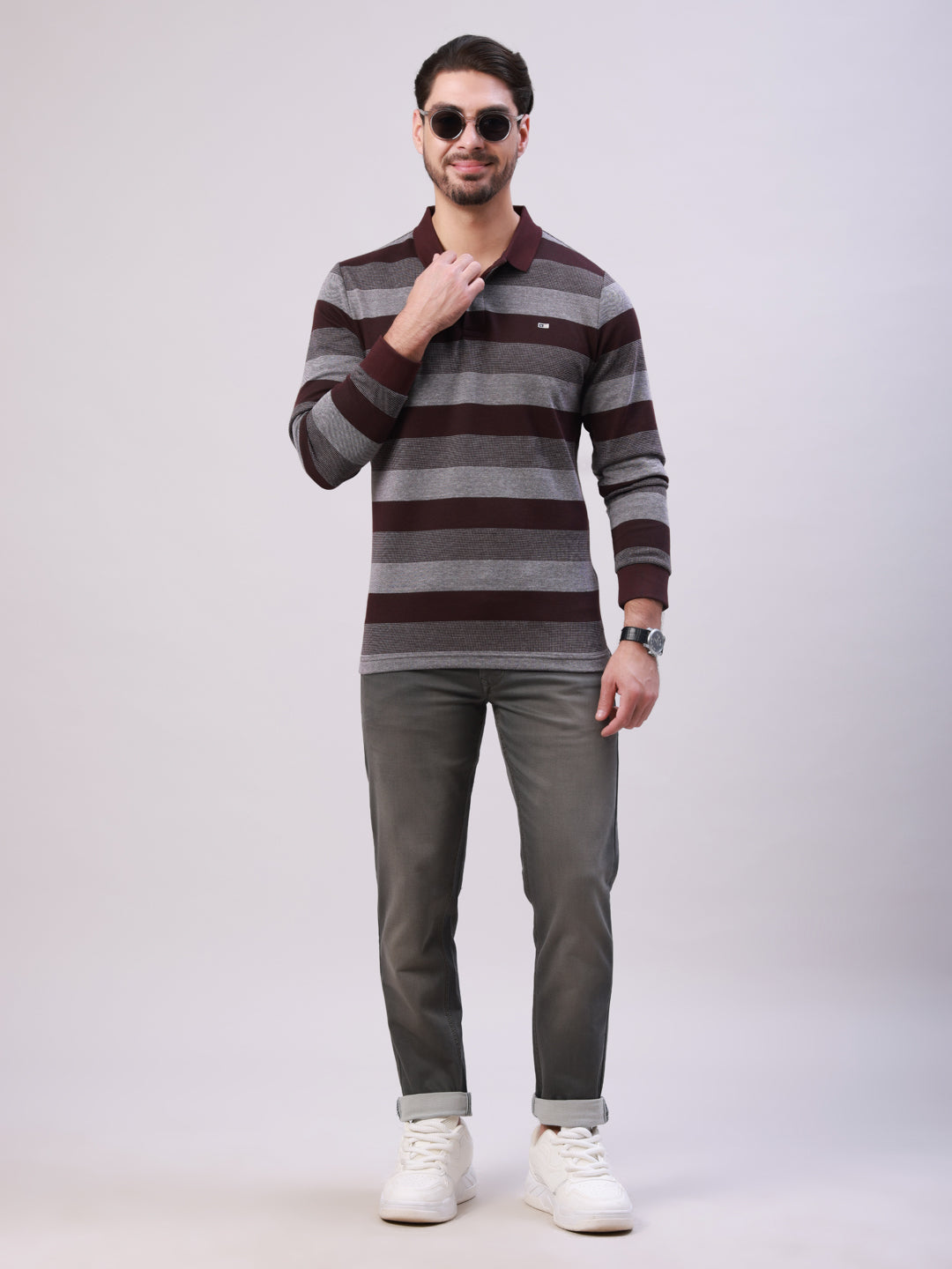 Classic Polo Men's Burgundy/Grey Polo Neck Striped Cotton Slim Fit T-Shirt | VERNO - 361 A SF P