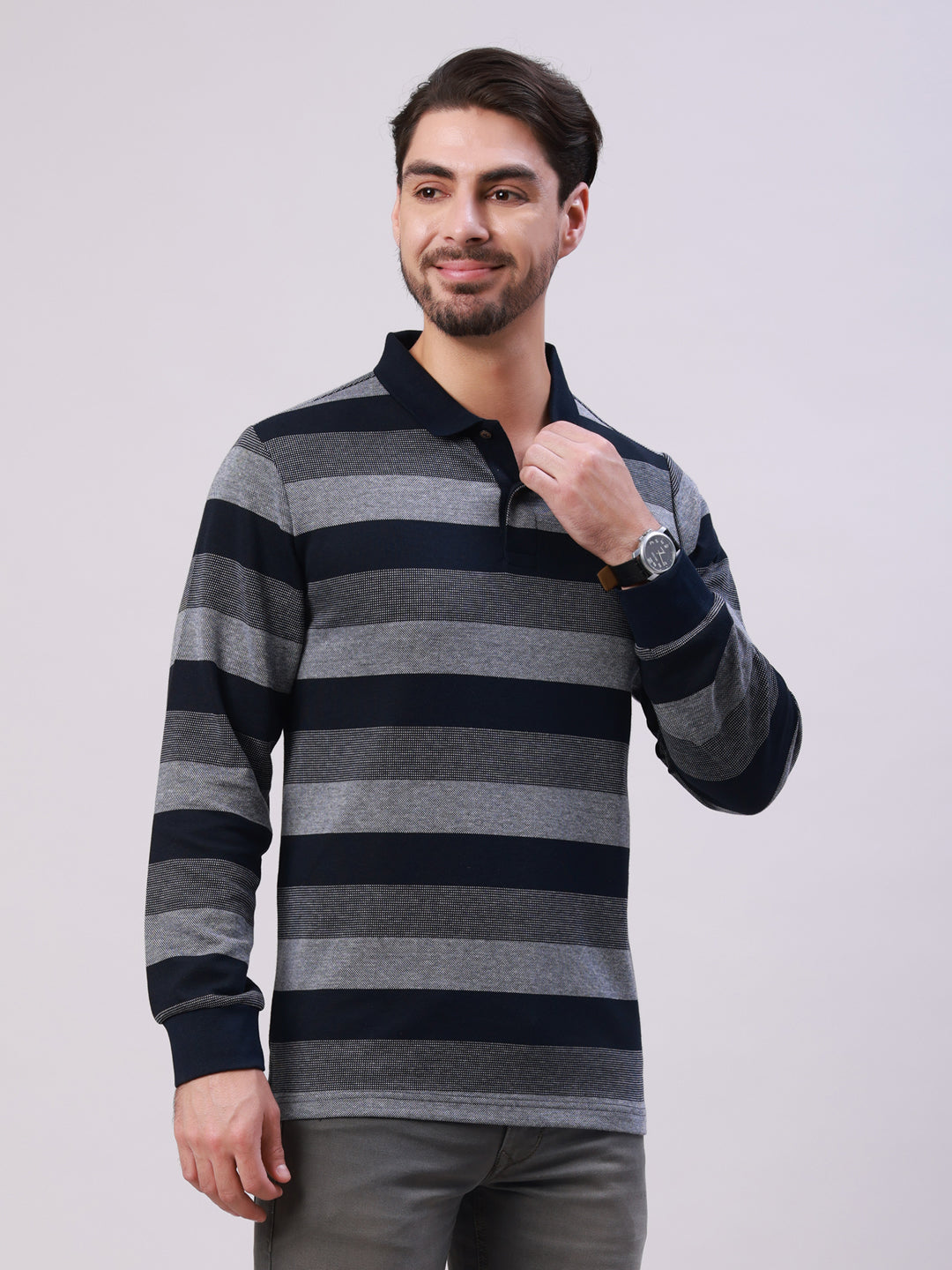 Classic Polo Men's Navy Blue/Grey Polo Neck Striped Cotton Slim Fit T-Shirt | VERNO - 361 B SF P