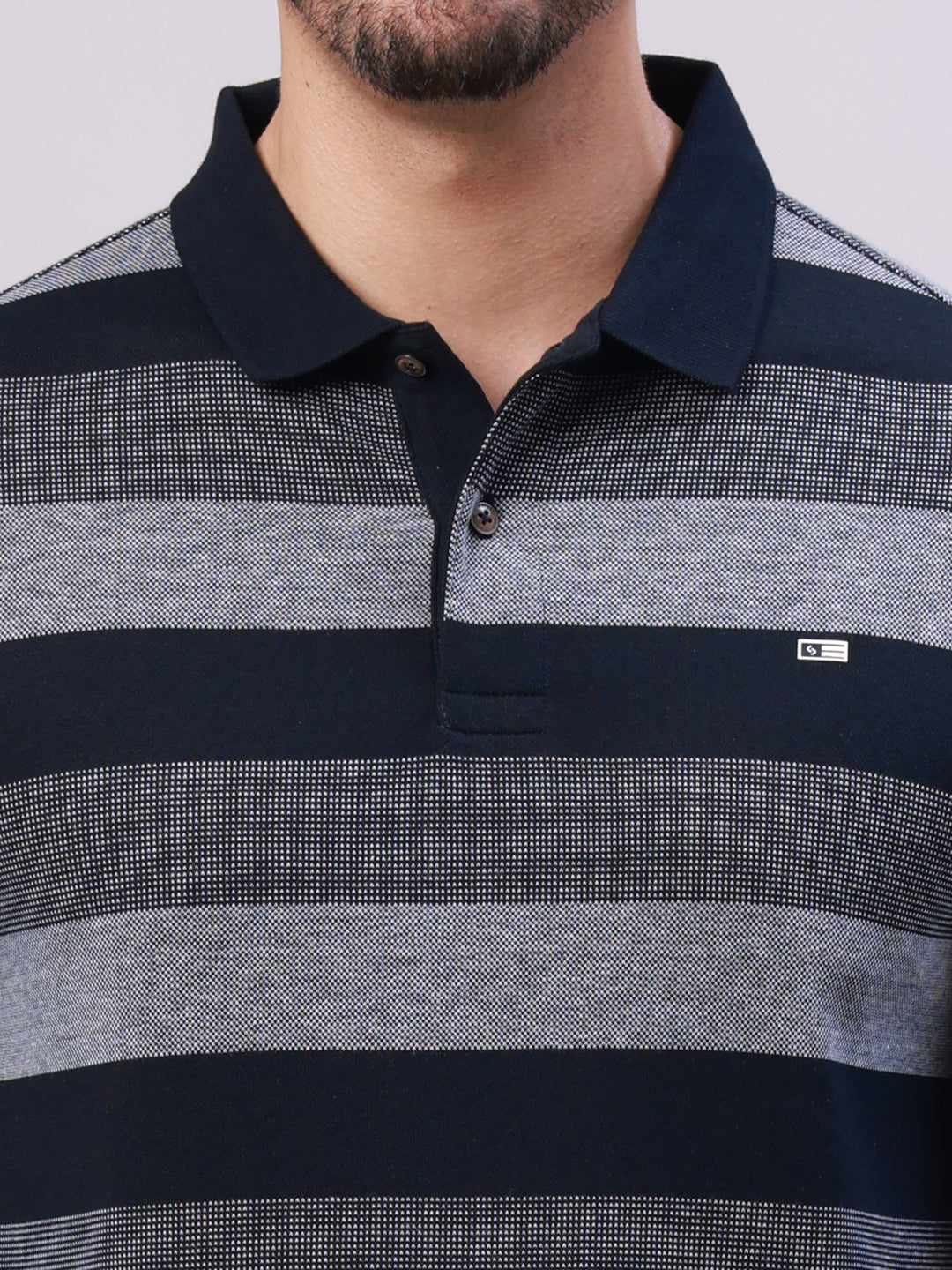 Classic Polo Men's Navy Blue/Grey Polo Neck Striped Cotton Slim Fit T-Shirt | VERNO - 361 B SF P