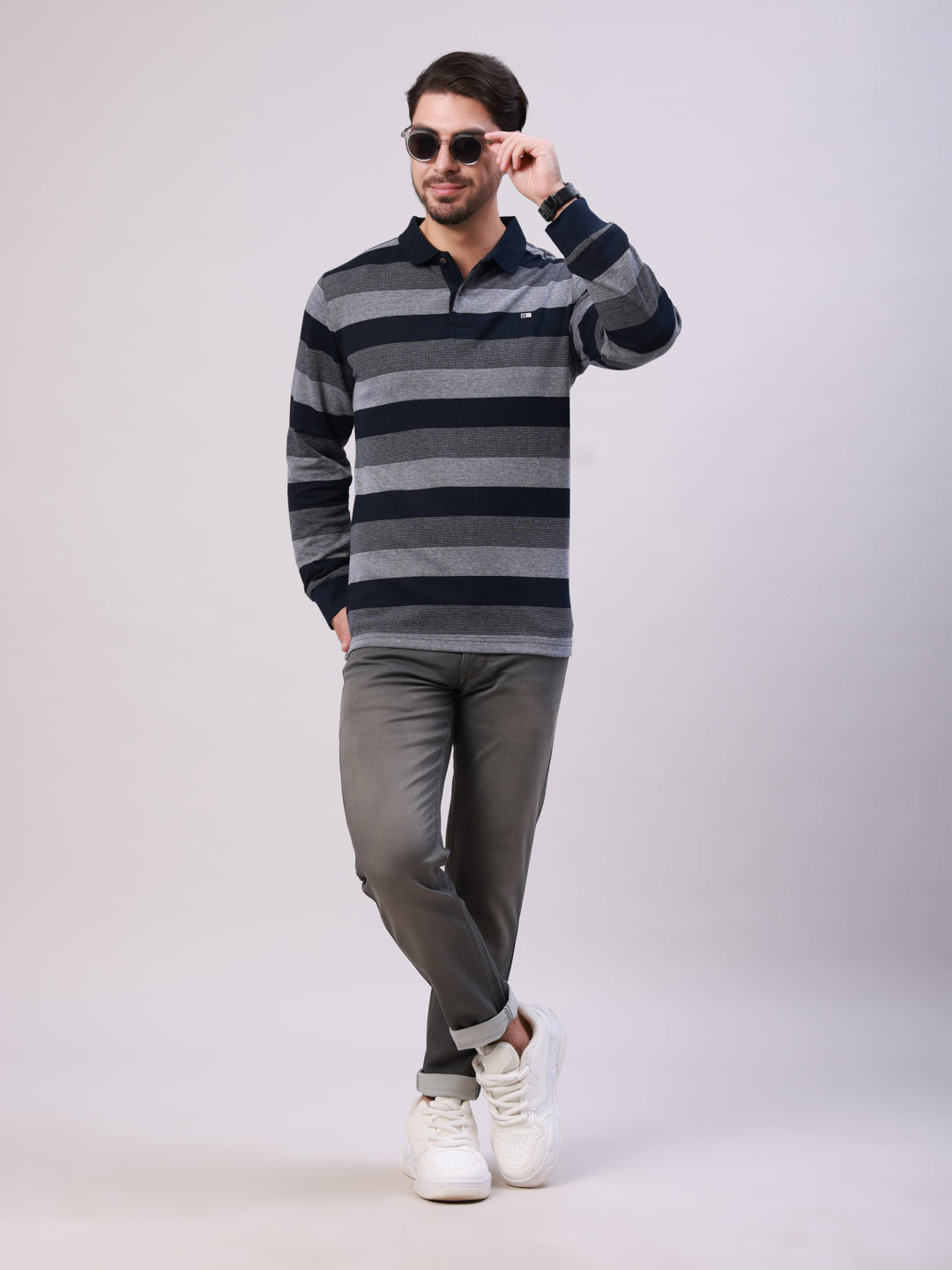 Classic Polo Men's Navy Blue/Grey Polo Neck Striped Cotton Slim Fit T-Shirt | VERNO - 361 B SF P