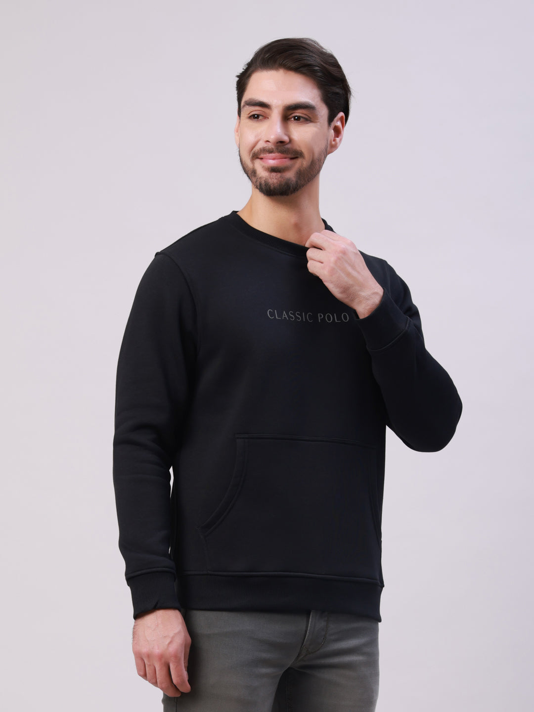 Classic Polo Men's Black Crew Neck Pull Over Solid Kangaroo Pocket Sweatshirt | CPSS - 513 B