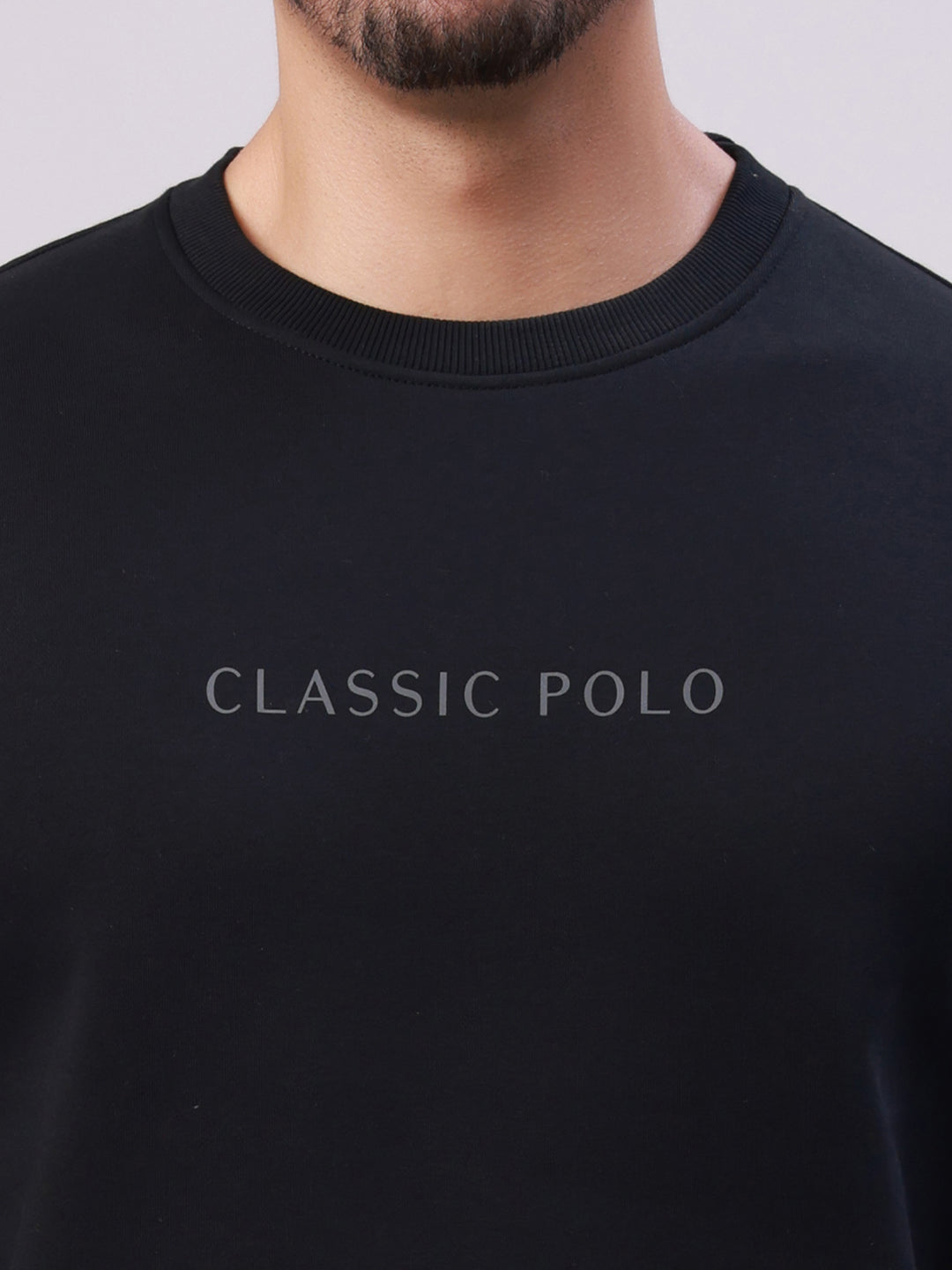 Classic Polo Men's Black Crew Neck Pull Over Solid Kangaroo Pocket Sweatshirt | CPSS - 513 B