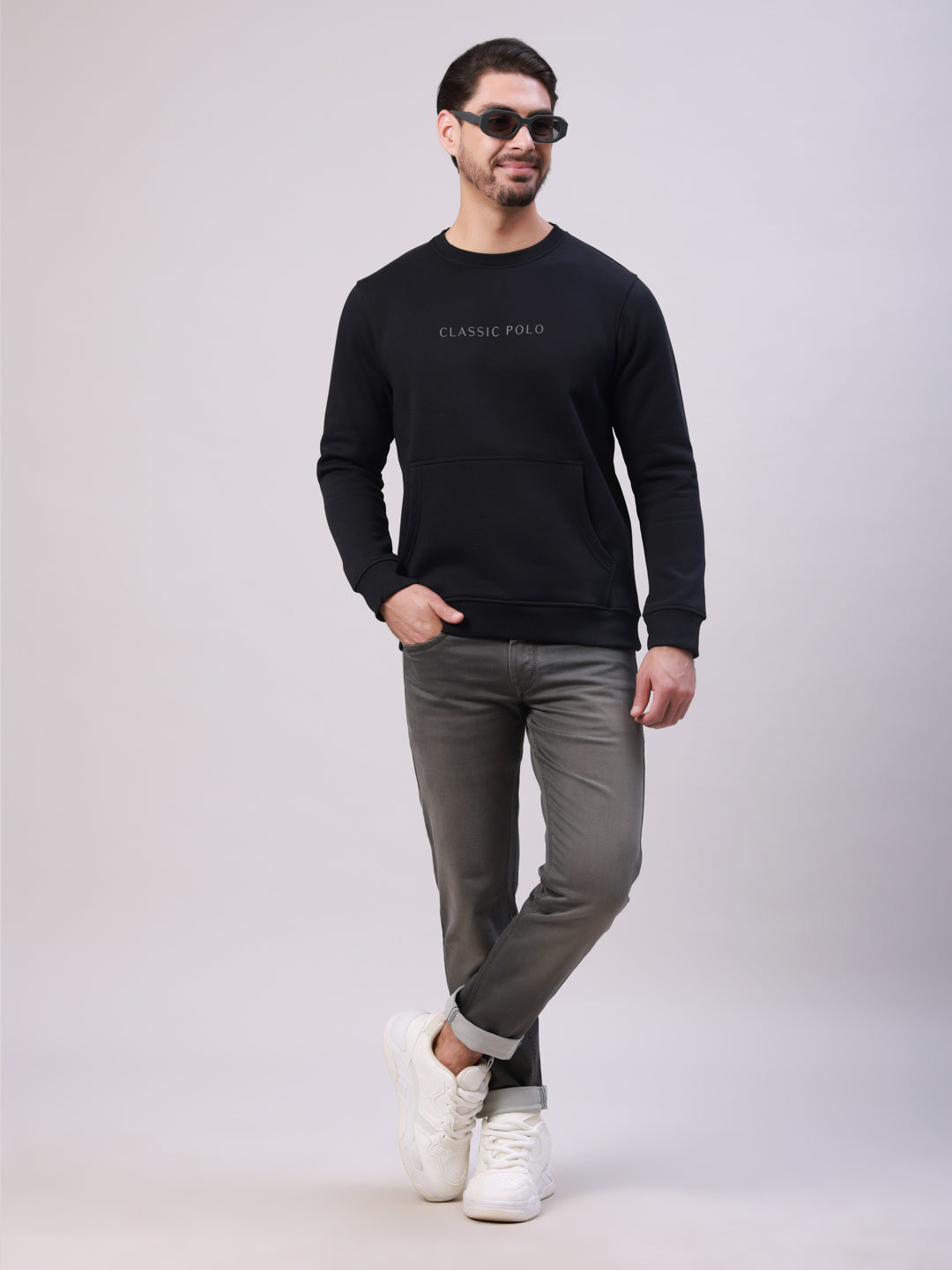 Classic Polo Men's Black Crew Neck Pull Over Solid Kangaroo Pocket Sweatshirt | CPSS - 513 B