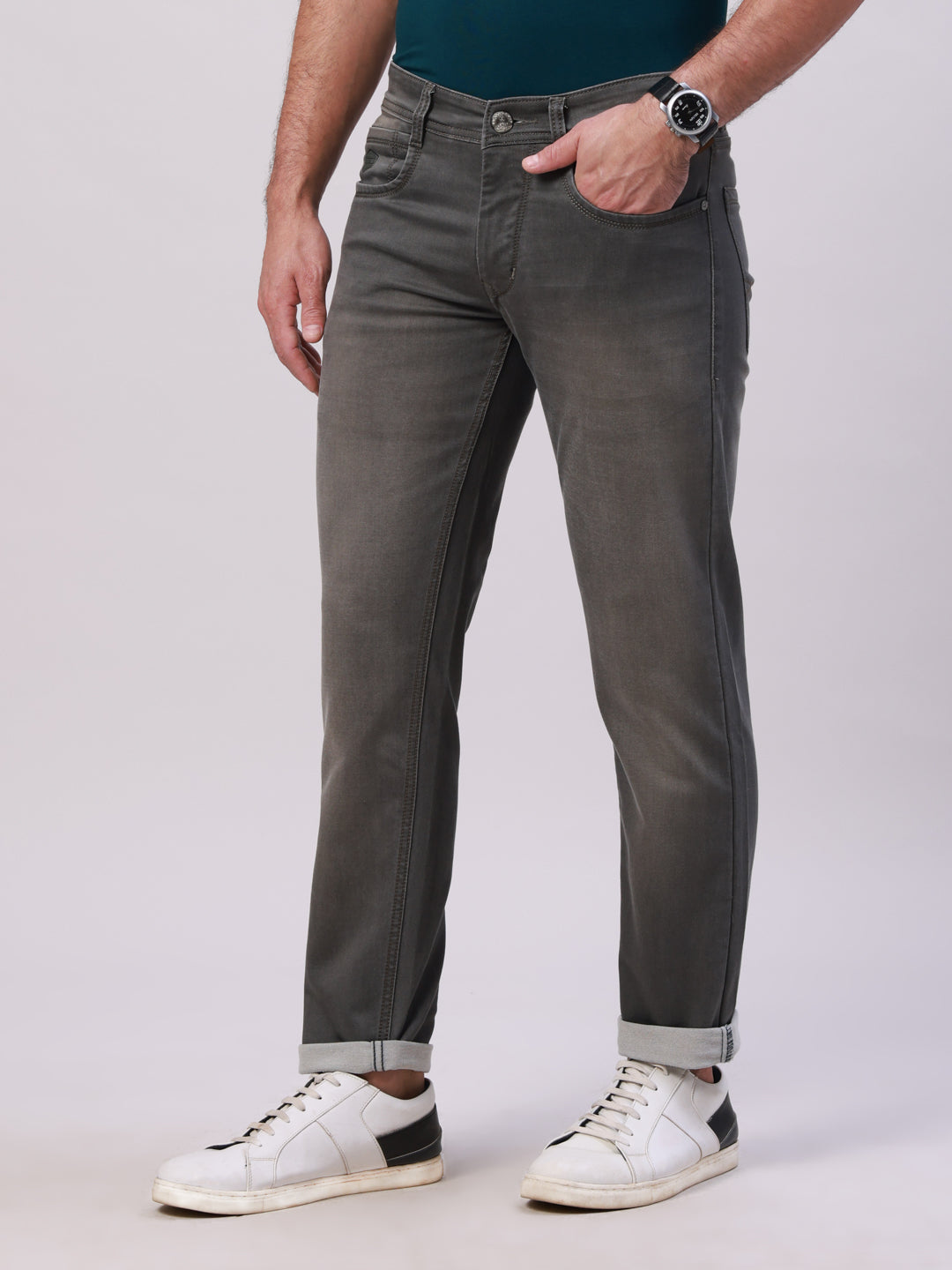 Classic Polo Men's Dark Grey Solid Cotton Ankle Fit Jeans | CPDQ2-46-OLIVE-AF