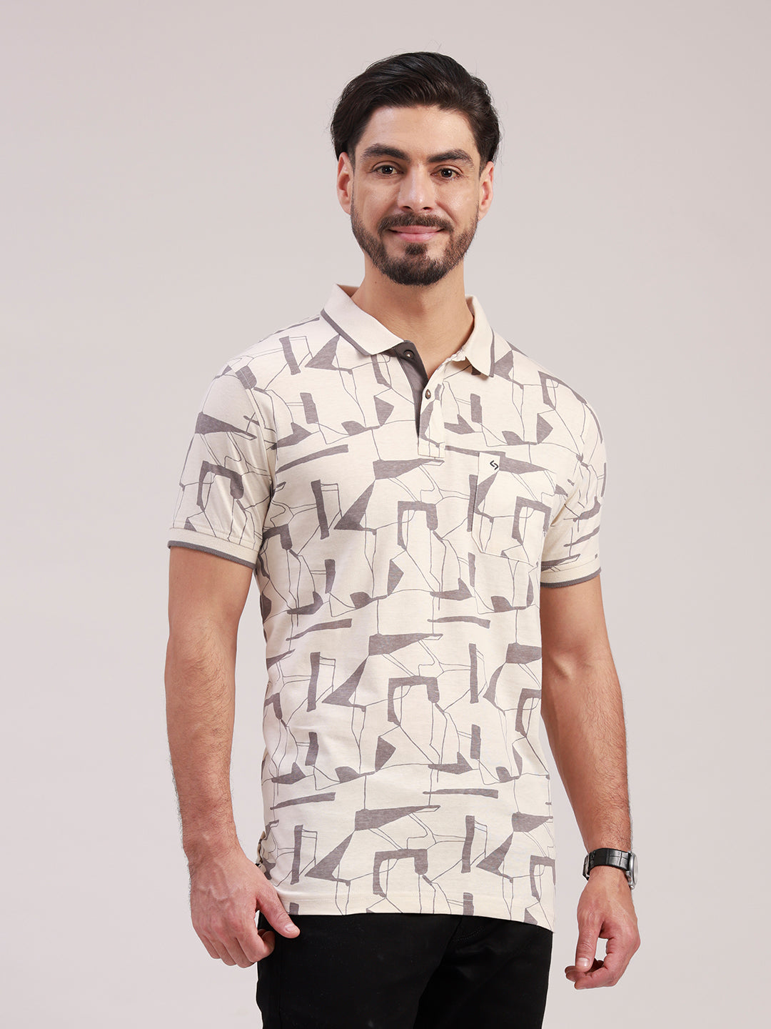 Classic Polo Men's Half Sleeve Cream Polo Neck Slim Fit All-Over Print Cotton T-Shirt | LTS-AOP - 119 B SF P