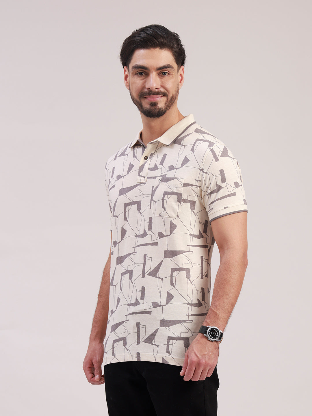 Classic Polo Men's Half Sleeve Cream Polo Neck Slim Fit All-Over Print Cotton T-Shirt | LTS-AOP - 119 B SF P