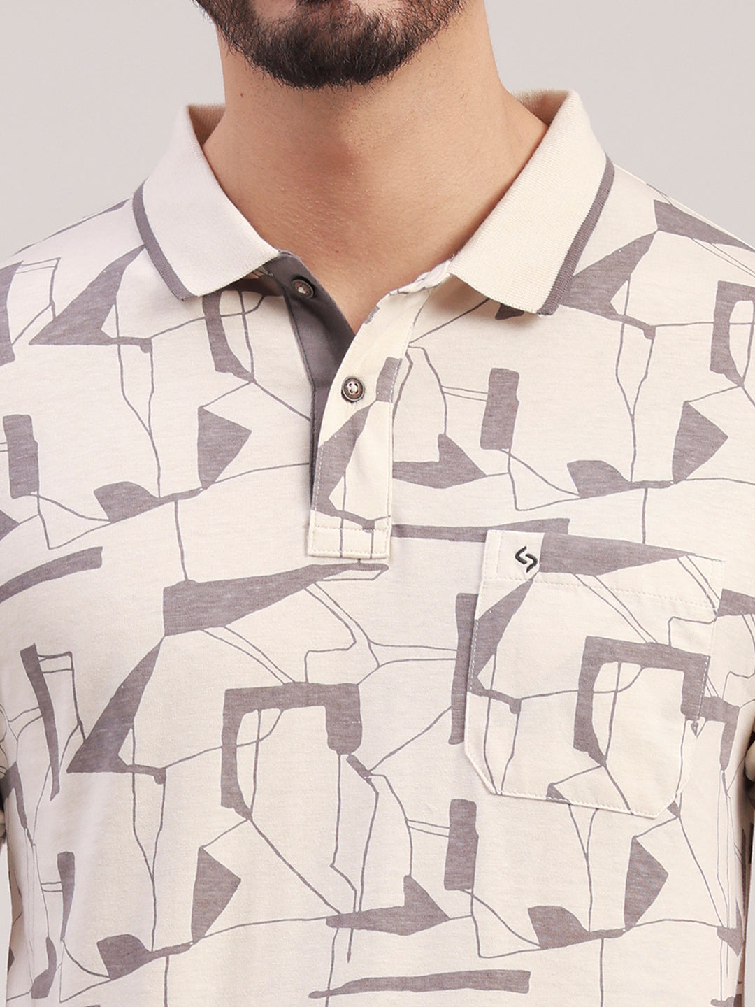 Classic Polo Men's Half Sleeve Cream Polo Neck Slim Fit All-Over Print Cotton T-Shirt | LTS-AOP - 119 B SF P