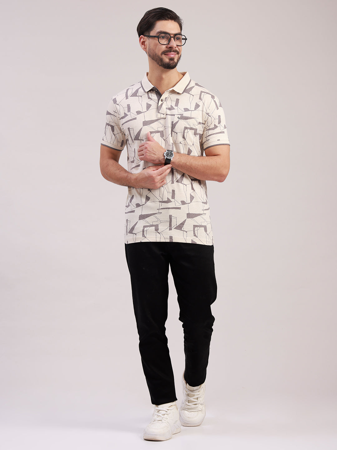 Classic Polo Men's Half Sleeve Cream Polo Neck Slim Fit All-Over Print Cotton T-Shirt | LTS-AOP - 119 B SF P