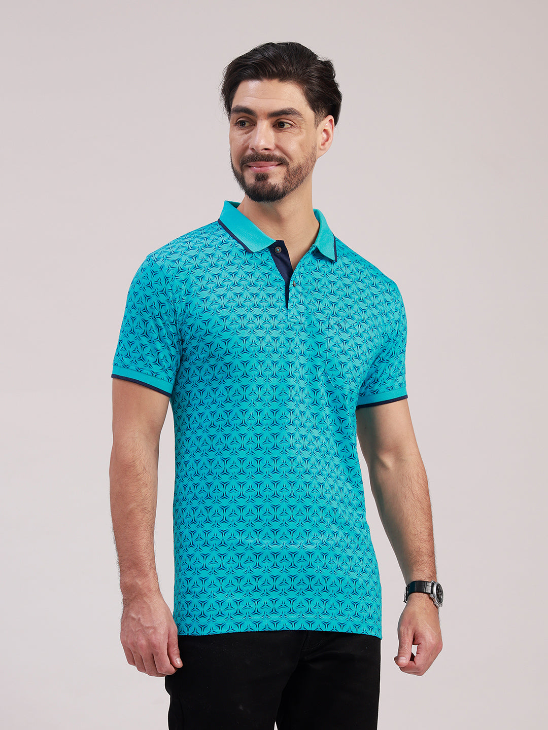 Classic Polo Men's Half Sleeve Turquoise Blue Polo Neck Slim Fit All-Over Print Cotton T-Shirt | BELLO - 394 B SF P