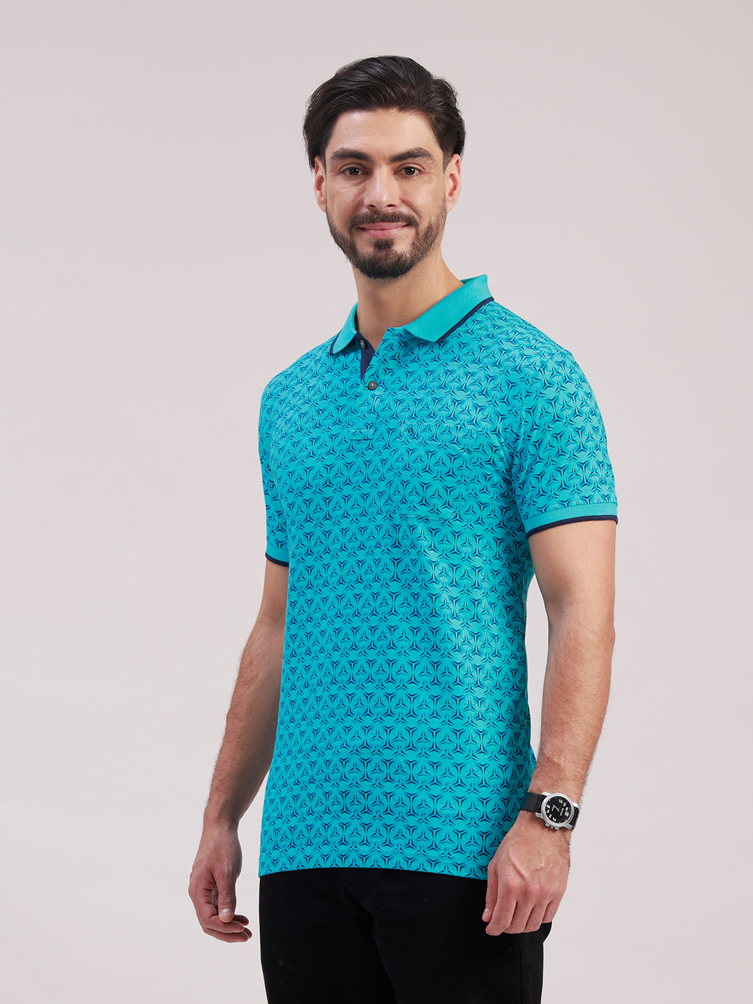 Classic Polo Men's Half Sleeve Turquoise Blue Polo Neck Slim Fit All-Over Print Cotton T-Shirt | BELLO - 394 B SF P