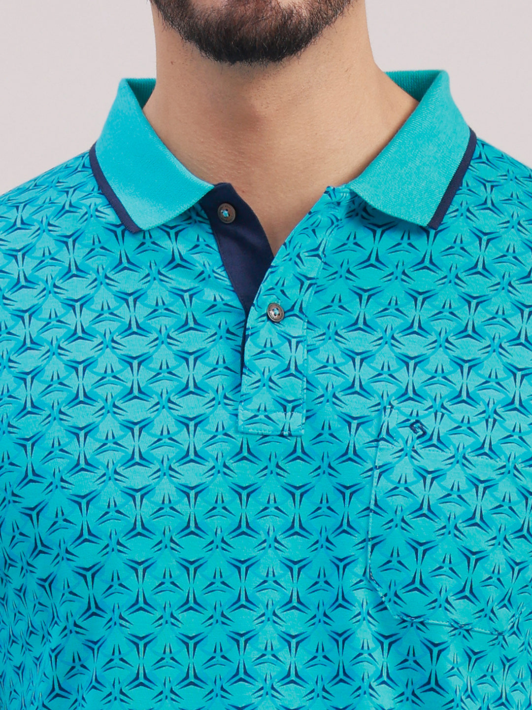 Classic Polo Men's Half Sleeve Turquoise Blue Polo Neck Slim Fit All-Over Print Cotton T-Shirt | BELLO - 394 B SF P