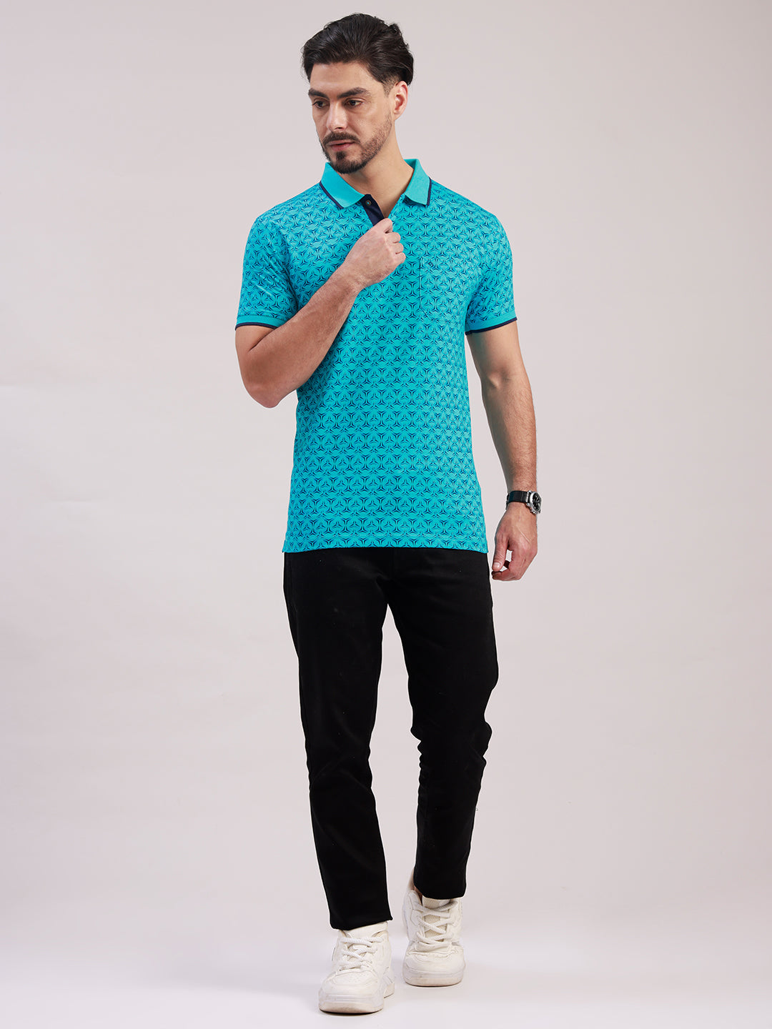 Classic Polo Men's Half Sleeve Turquoise Blue Polo Neck Slim Fit All-Over Print Cotton T-Shirt | BELLO - 394 B SF P