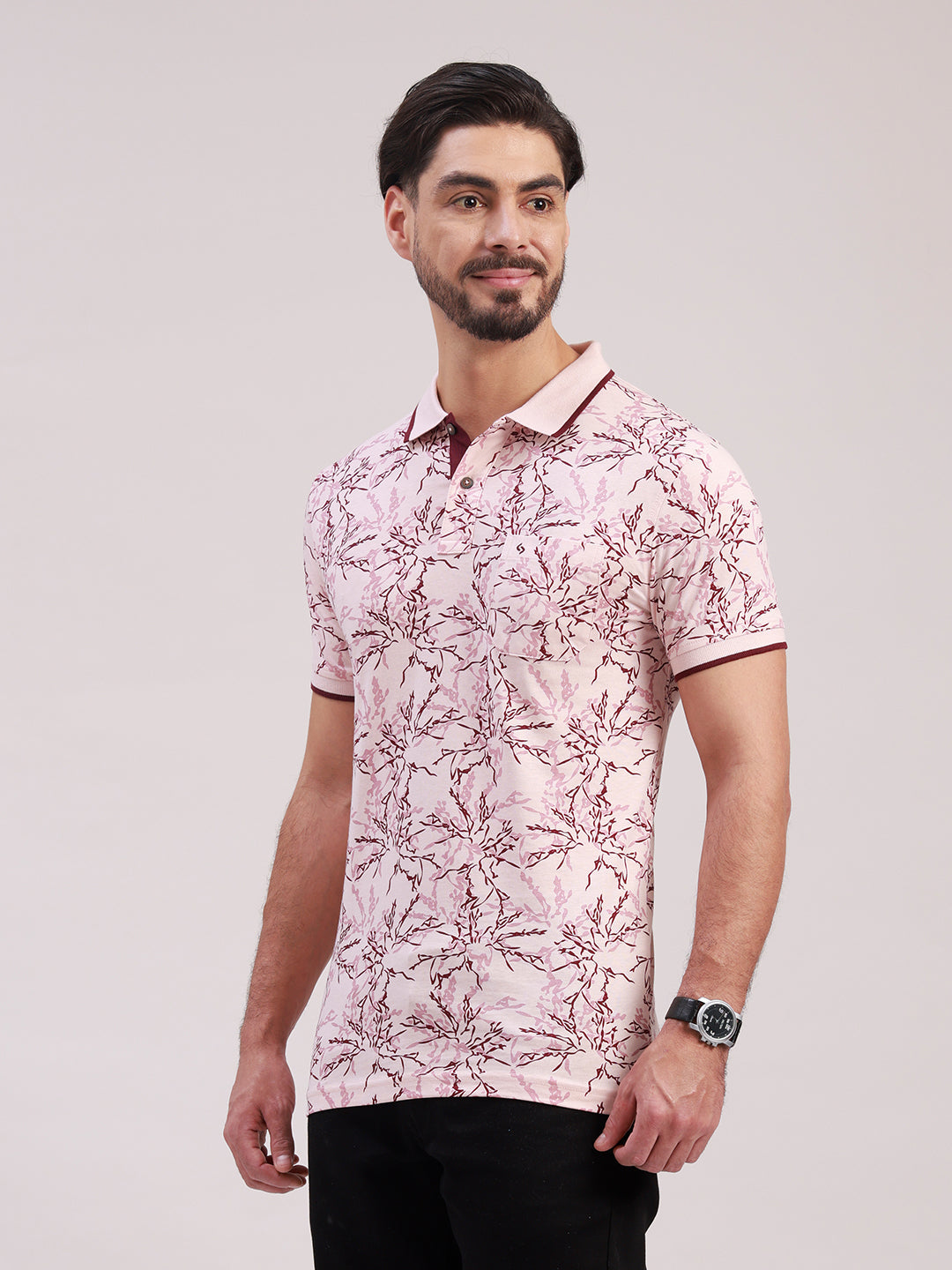 Classic Polo Men's Half Sleeve Light Pink/Maroon Polo Neck Slim Fit All-Over Print Cotton T-Shirt | BELLO - 389 B SF P