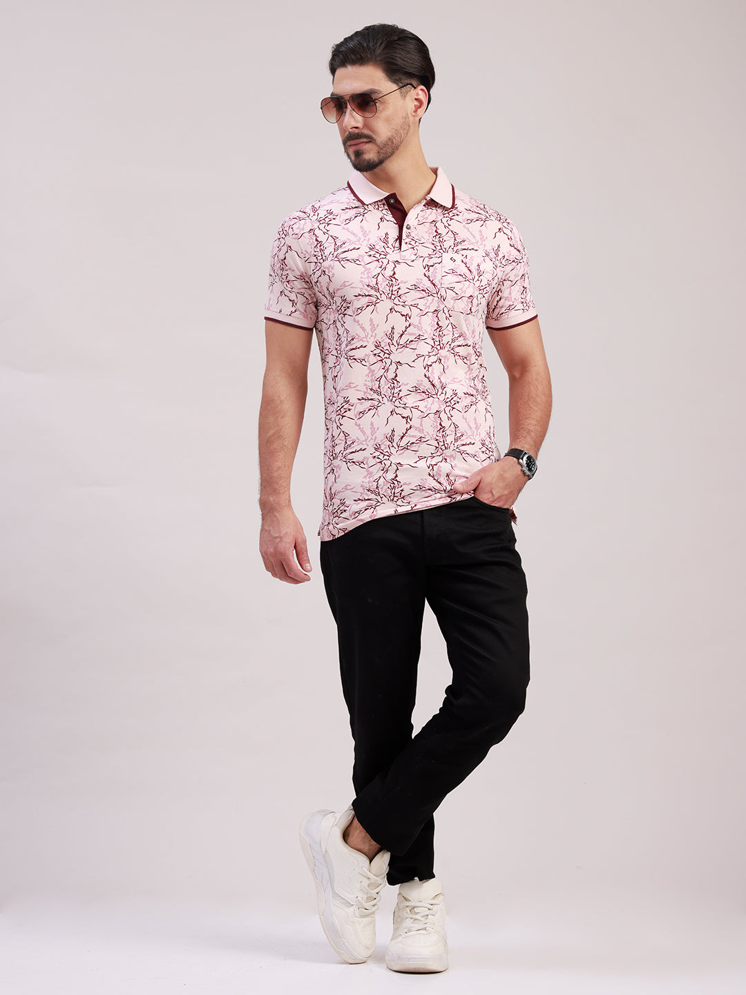 Classic Polo Men's Half Sleeve Light Pink/Maroon Polo Neck Slim Fit All-Over Print Cotton T-Shirt | BELLO - 389 B SF P