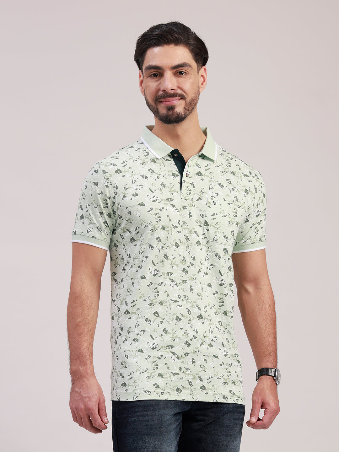 Classic Polo Men's Half Sleeve Light Green Polo Neck Slim Fit All-Over Print Cotton T-Shirt | LTS-AOP - 129 A SF P