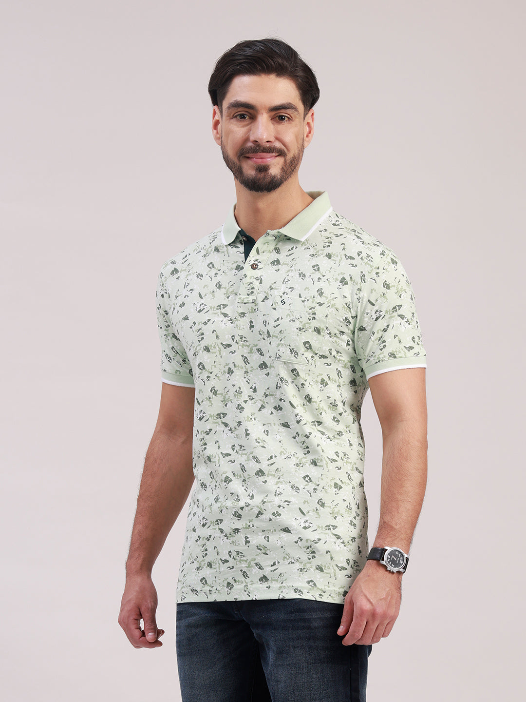 Classic Polo Men's Half Sleeve Light Green Polo Neck Slim Fit All-Over Print Cotton T-Shirt | LTS-AOP - 129 A SF P