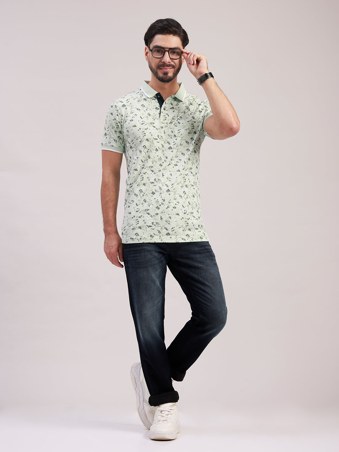 Classic Polo Men's Half Sleeve Light Green Polo Neck Slim Fit All-Over Print Cotton T-Shirt | LTS-AOP - 129 A SF P