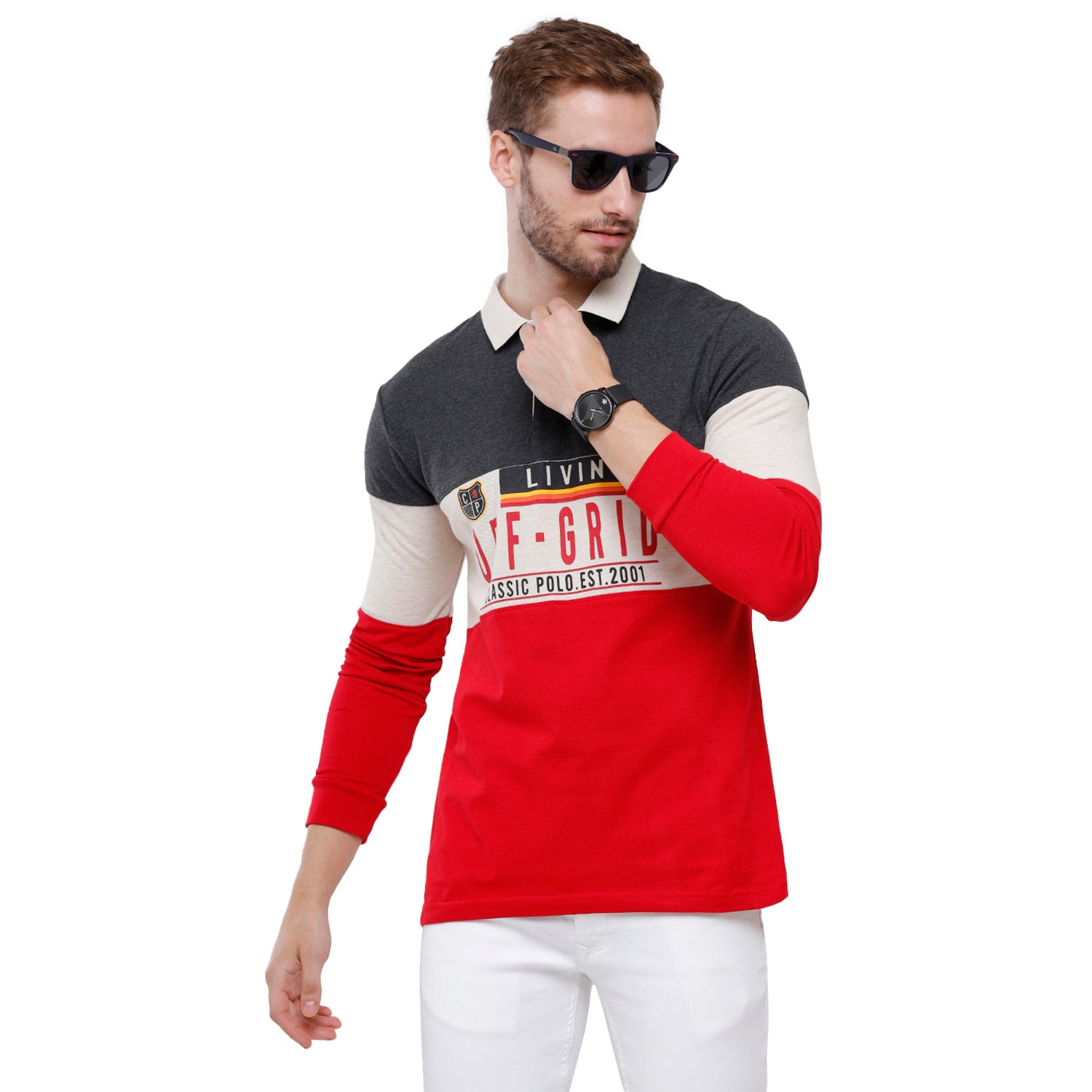 Classic Polo Men's Red & Grey Polo Full Sleeve Slim Fit T-Shirt -VERNO - 256 A T-shirt Classic Polo 