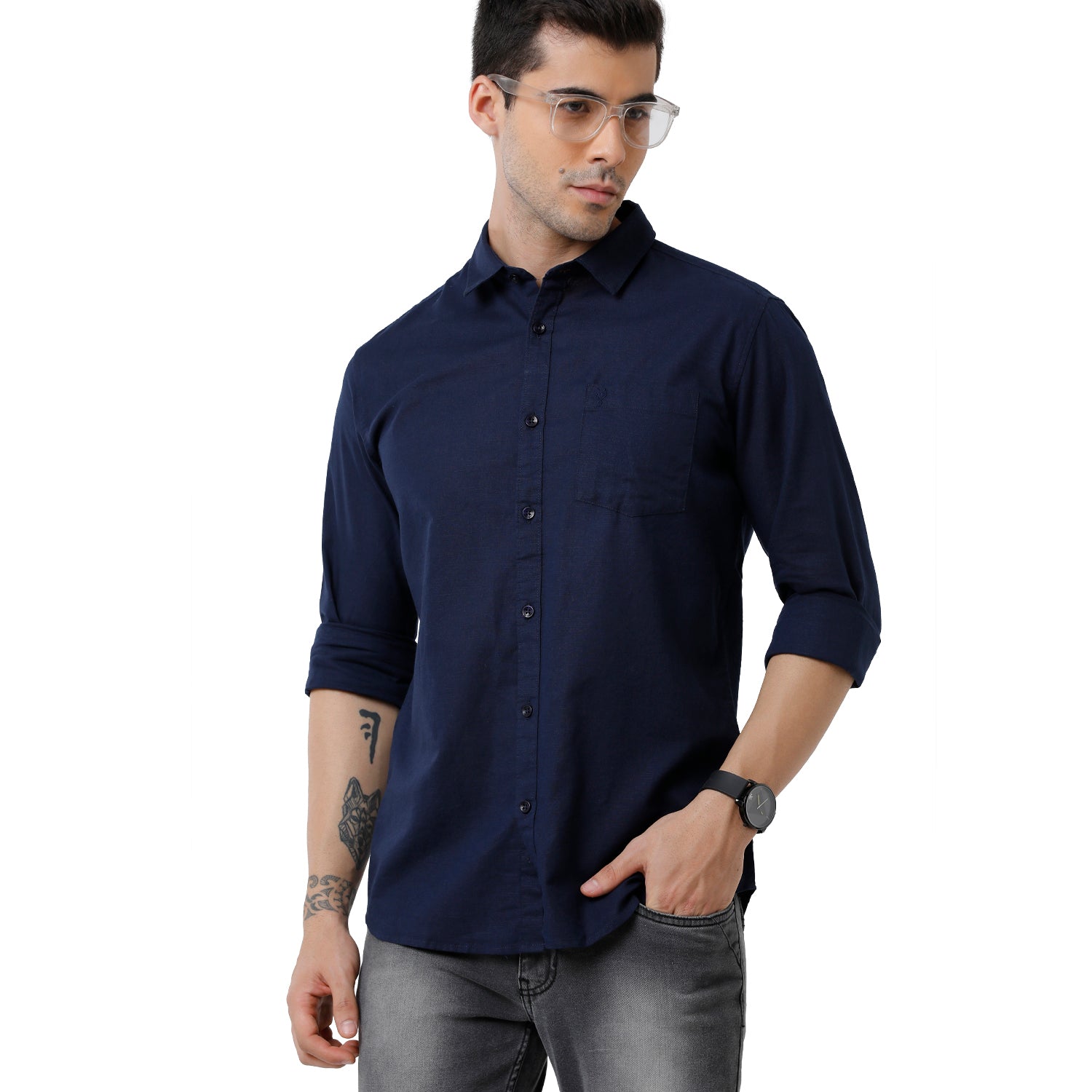 Classic Polo Mens Solid Slim Fit Full Sleeve Navy Blue Color Shirt - SN1-111 E Shirts Classic Polo 