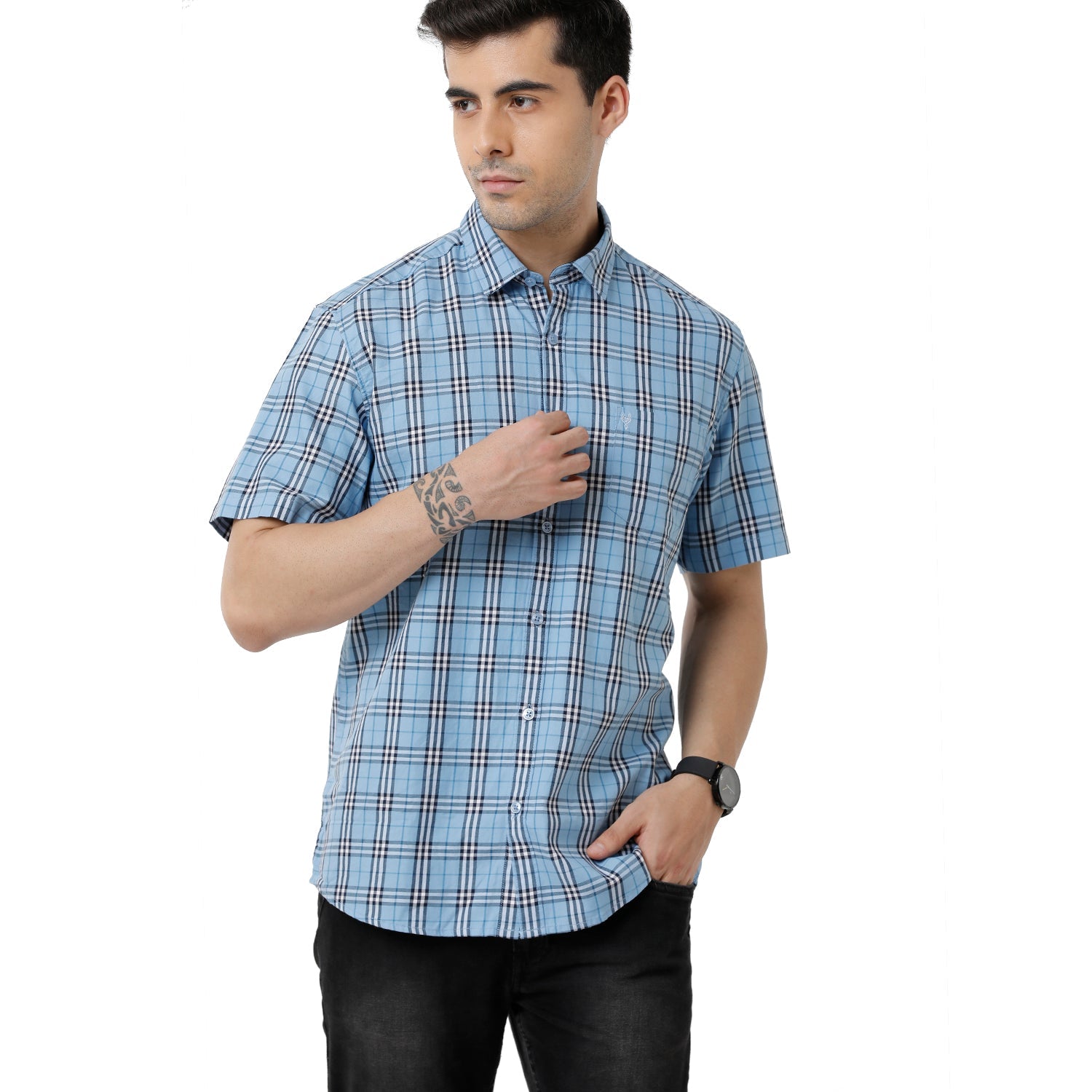 Classic Polo Mens Checked Slim Fit Half Sleeve Azure Blue Color Shirt - SN1-121 A Shirts Classic Polo 
