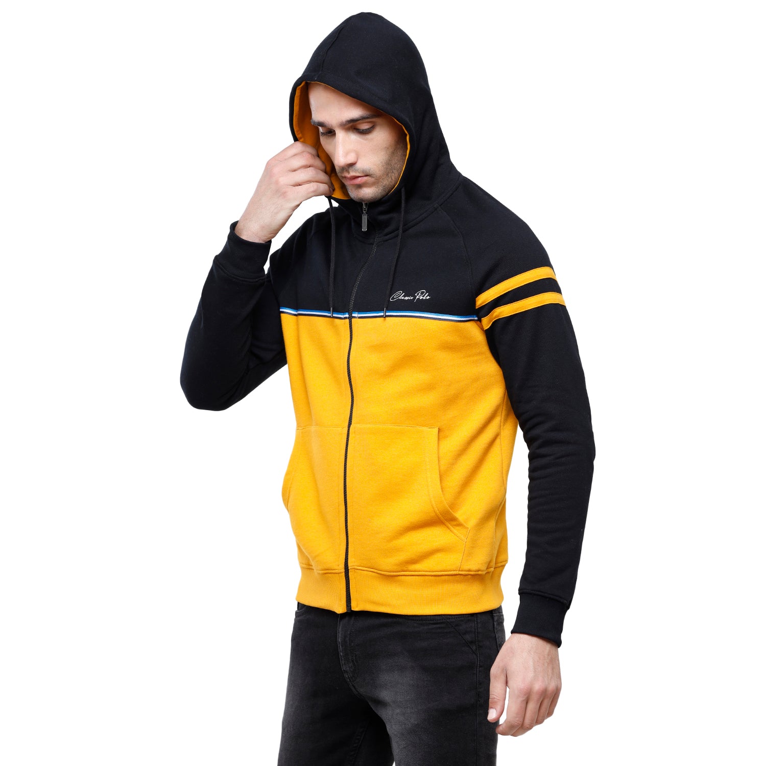 Classic Polo Men's Color Block Full Sleeve Yellow & Black Hood Sweat Shirt - CPSS-330A Sweat Shirts Classic Polo 
